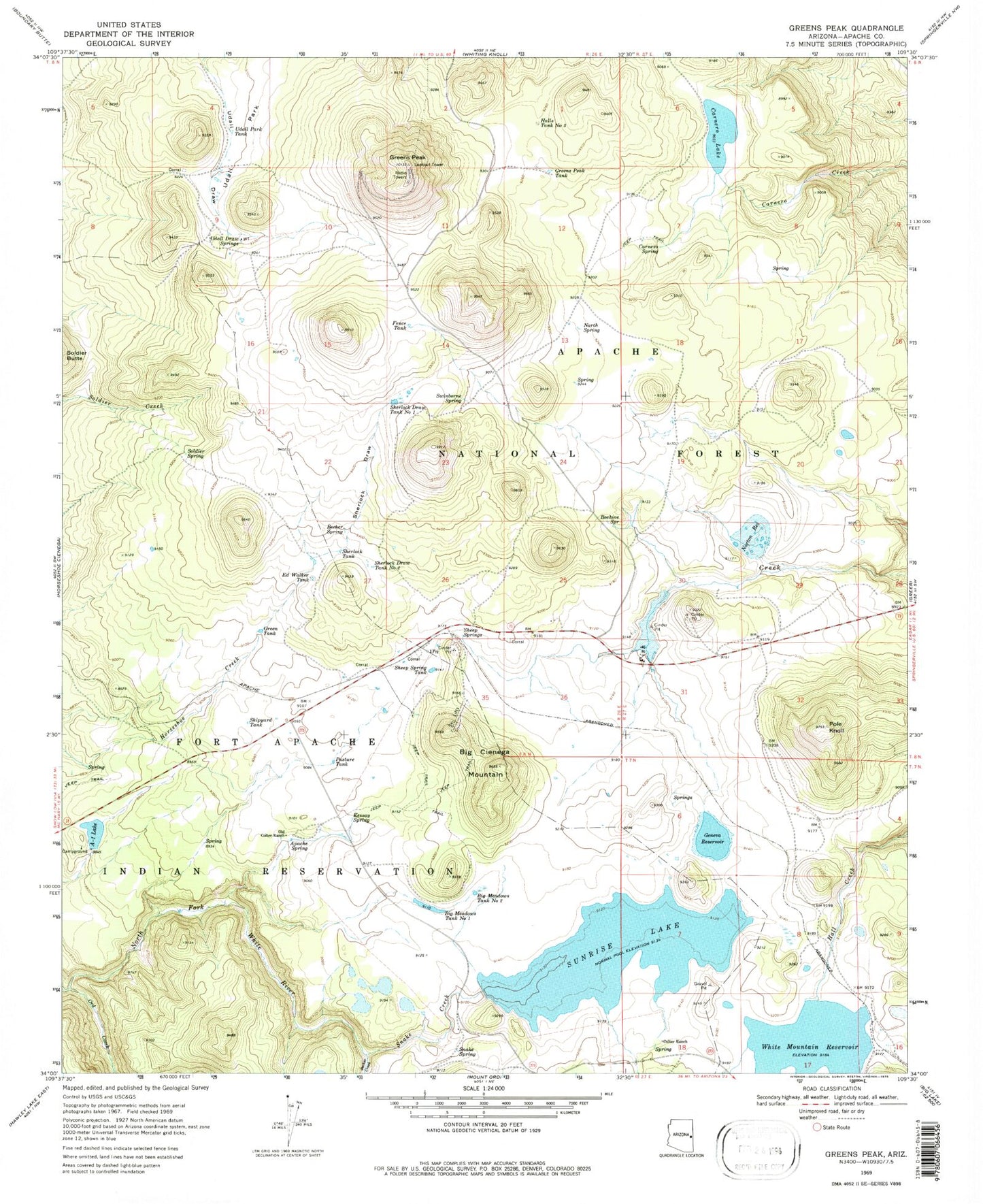 Classic USGS Greens Peak Arizona 7.5'x7.5' Topo Map Image
