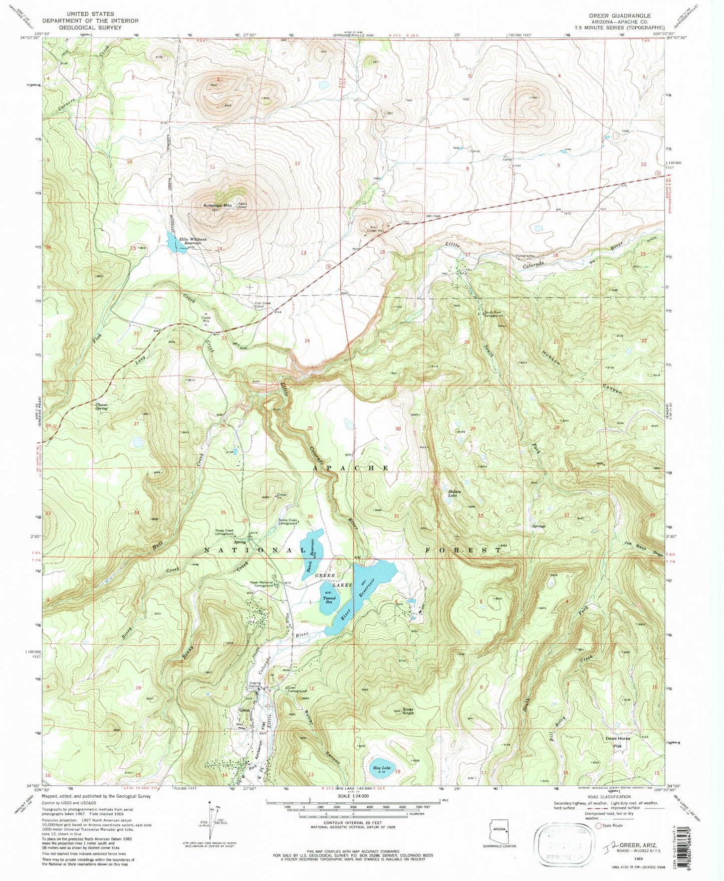 Classic USGS Greer Arizona 7.5'x7.5' Topo Map Image