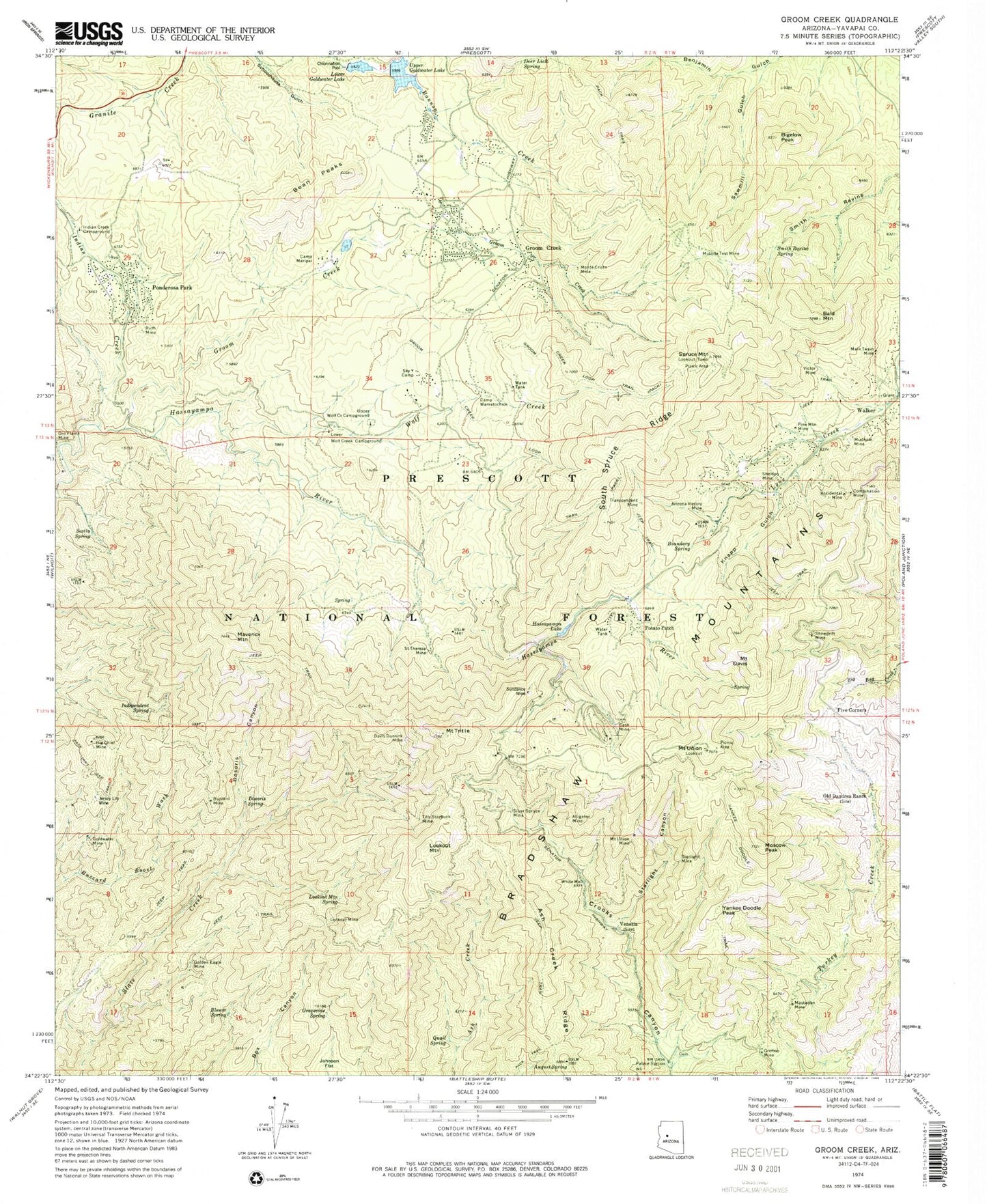 Classic USGS Groom Creek Arizona 7.5'x7.5' Topo Map Image