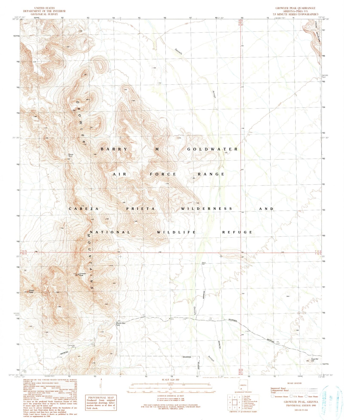 Classic USGS Growler Peak Arizona 7.5'x7.5' Topo Map Image