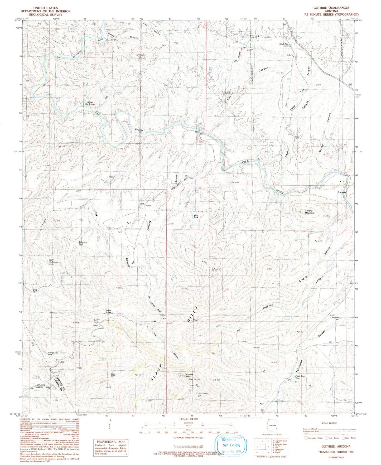 Classic USGS Guthrie Arizona 7.5'x7.5' Topo Map Image