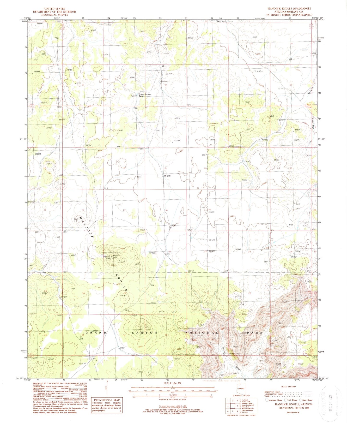 Classic USGS Hancock Knolls Arizona 7.5'x7.5' Topo Map Image