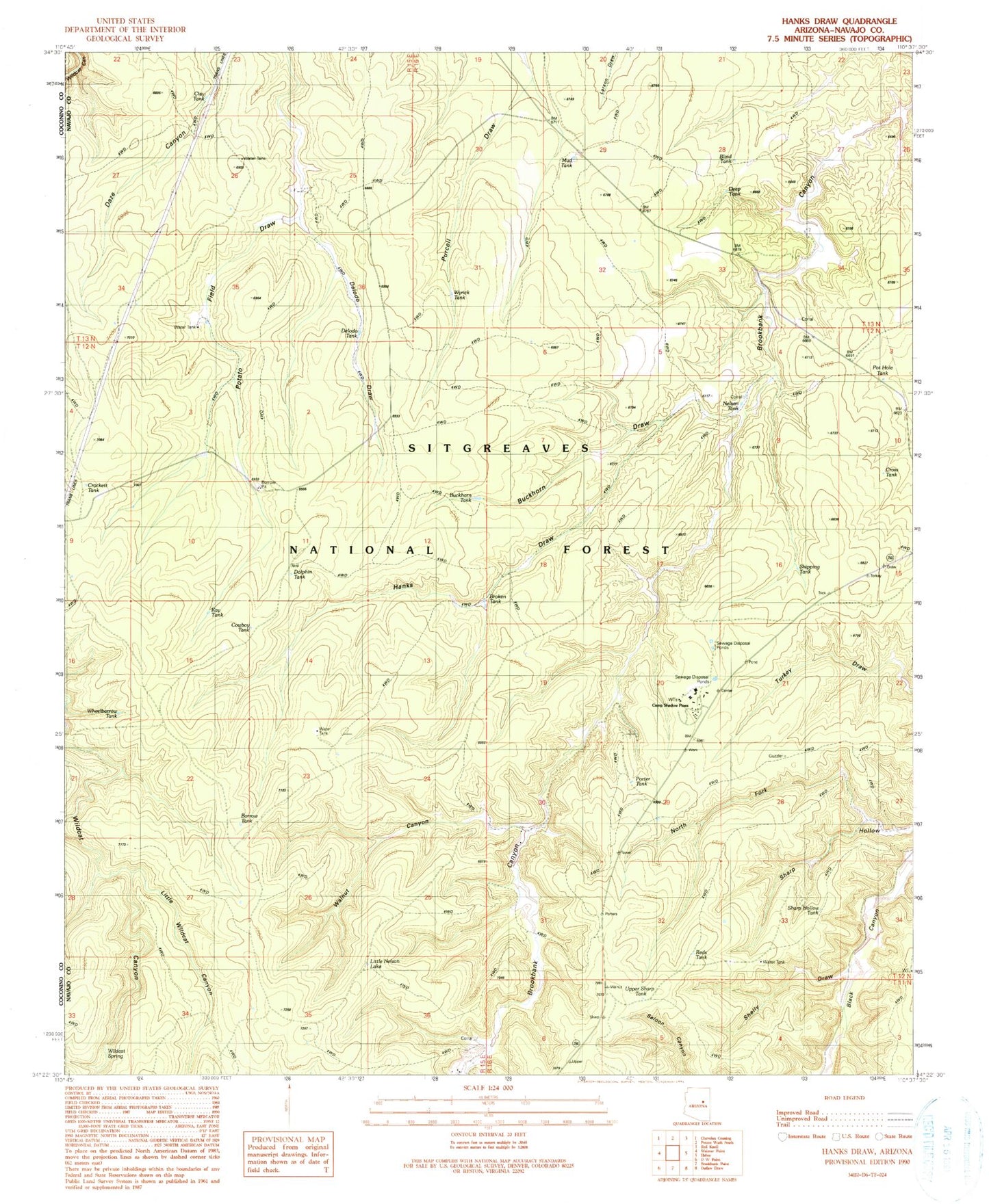 Classic USGS Hanks Draw Arizona 7.5'x7.5' Topo Map Image