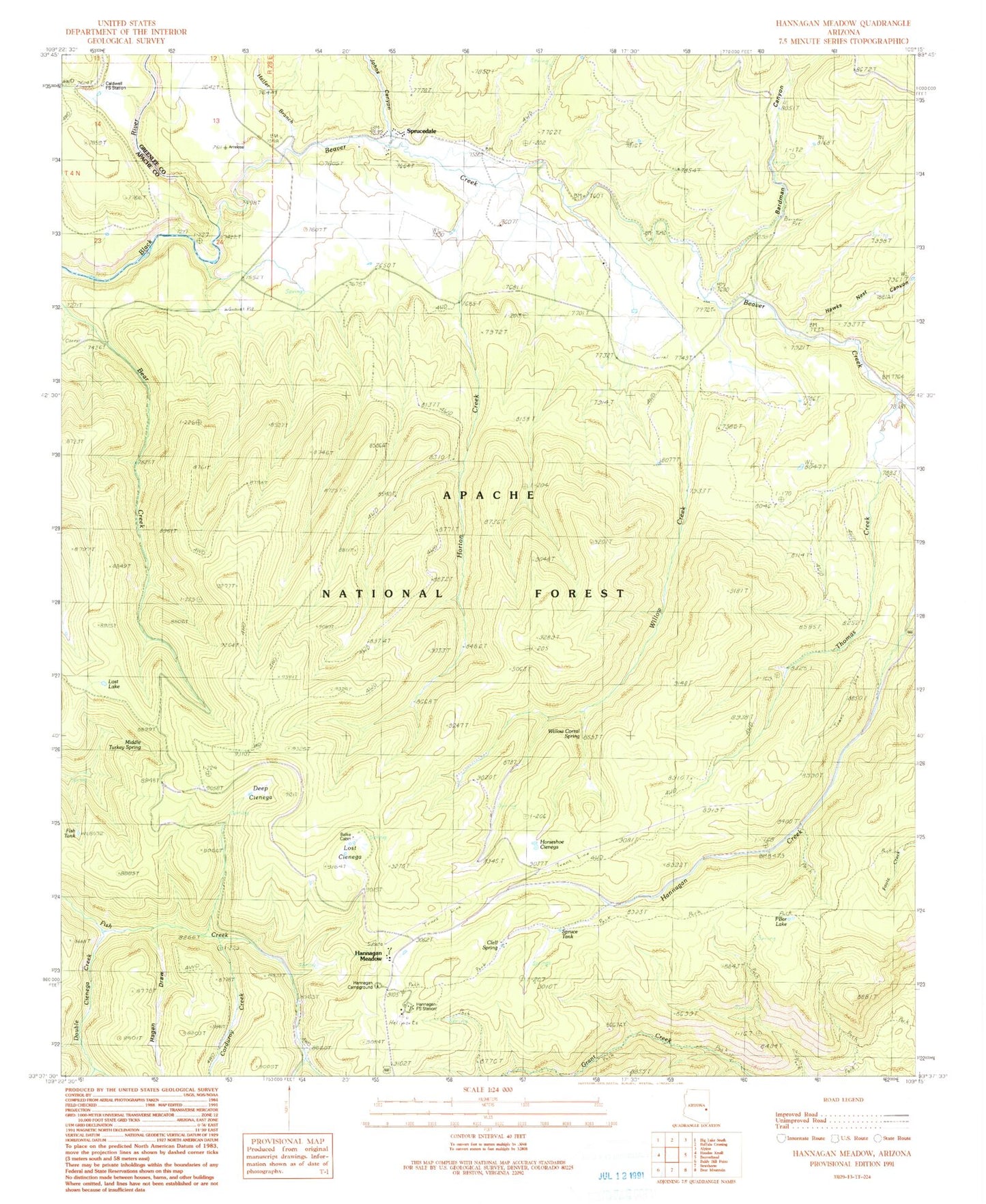 Classic USGS Hannagan Meadow Arizona 7.5'x7.5' Topo Map Image
