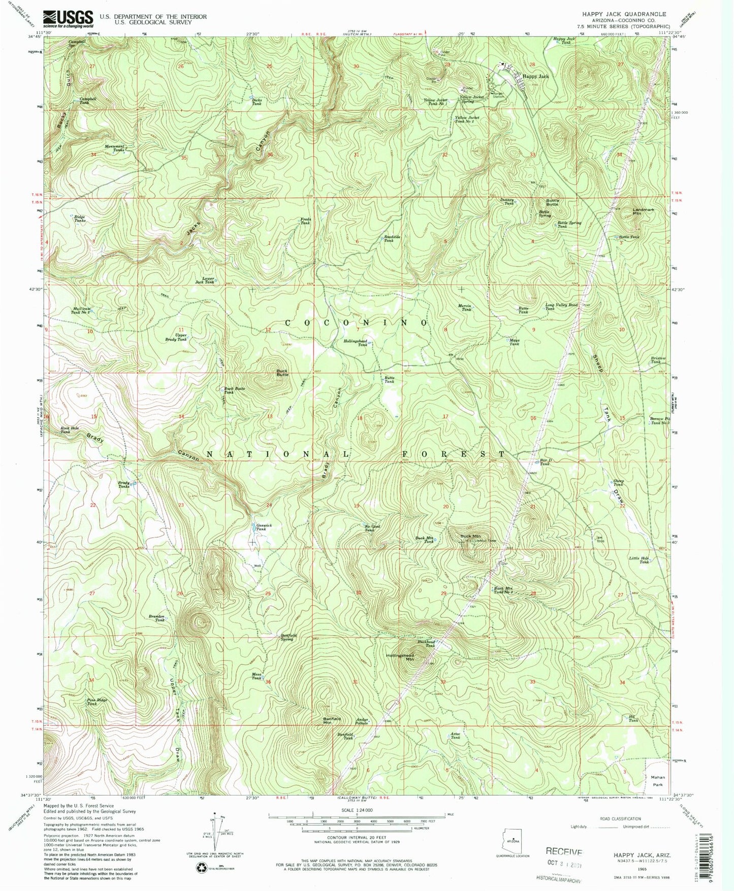 Classic USGS Happy Jack Arizona 7.5'x7.5' Topo Map Image