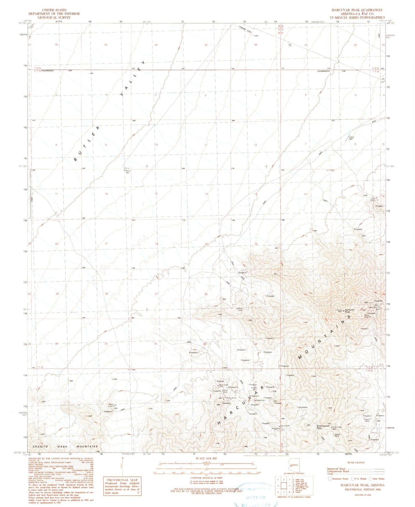 Classic USGS Harcuvar Peak Arizona 7.5'x7.5' Topo Map Image