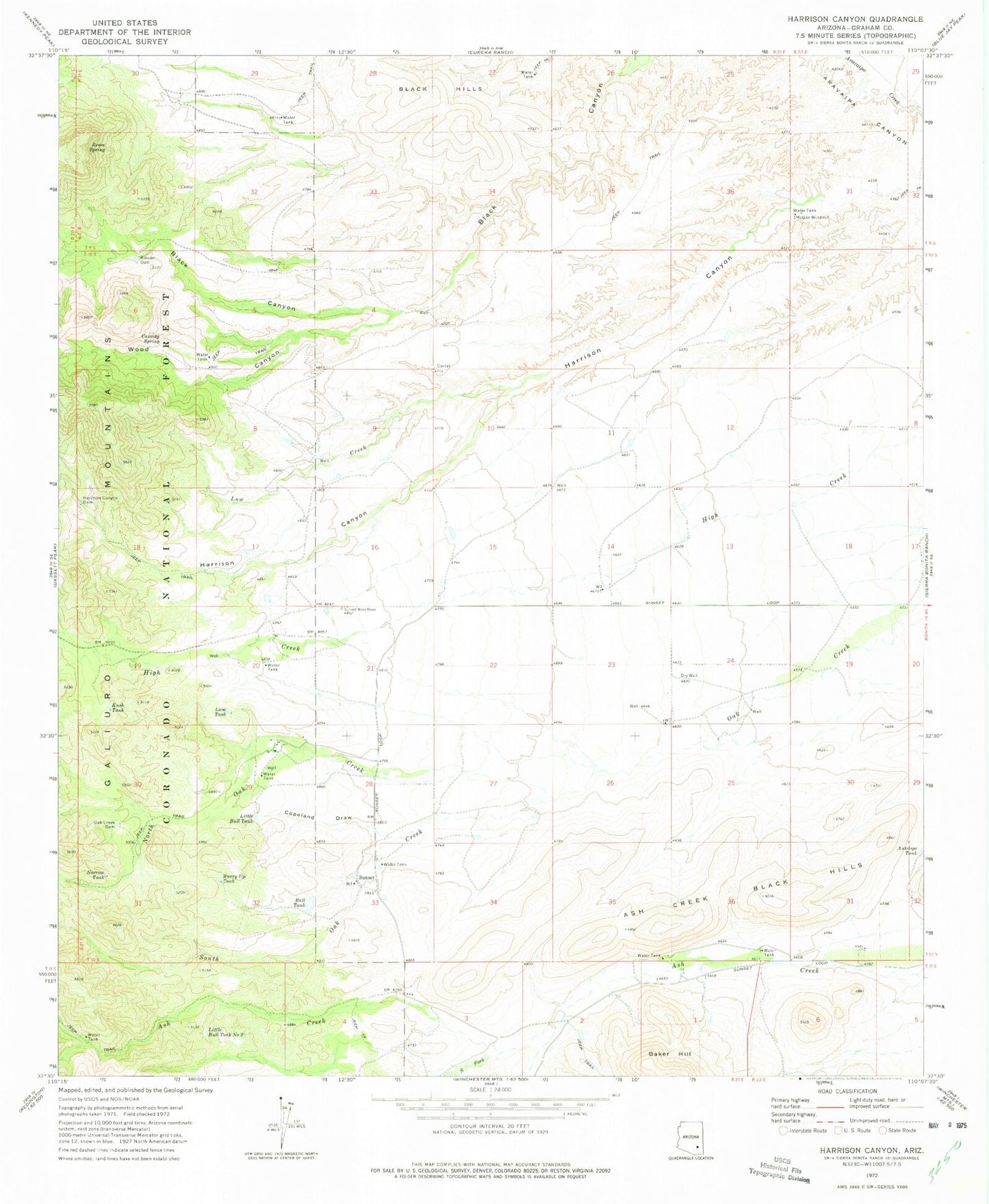 Classic USGS Harrison Canyon Arizona 7.5'x7.5' Topo Map Image