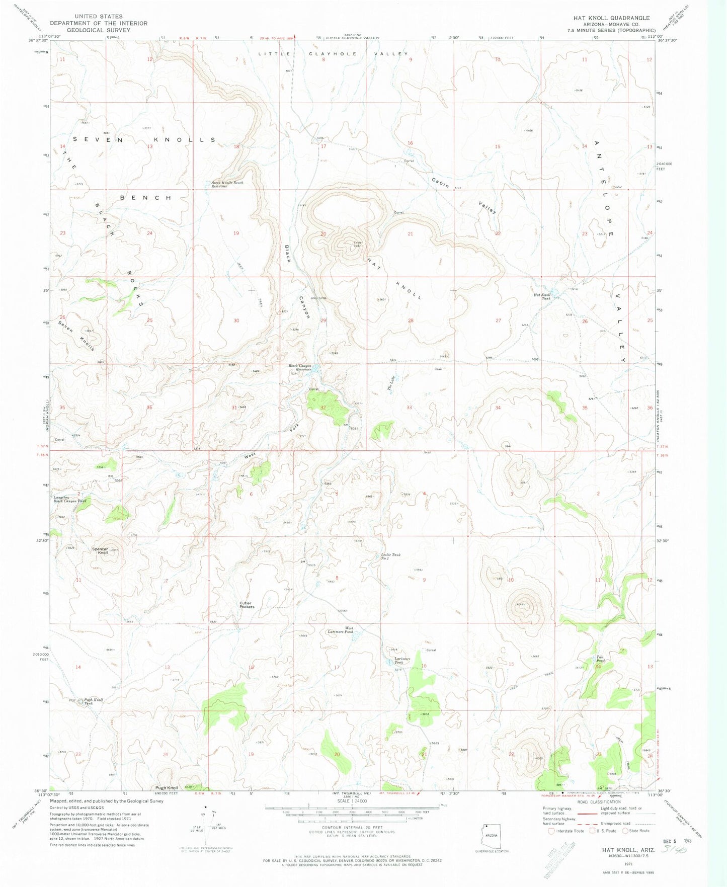 Classic USGS Hat Knoll Arizona 7.5'x7.5' Topo Map Image