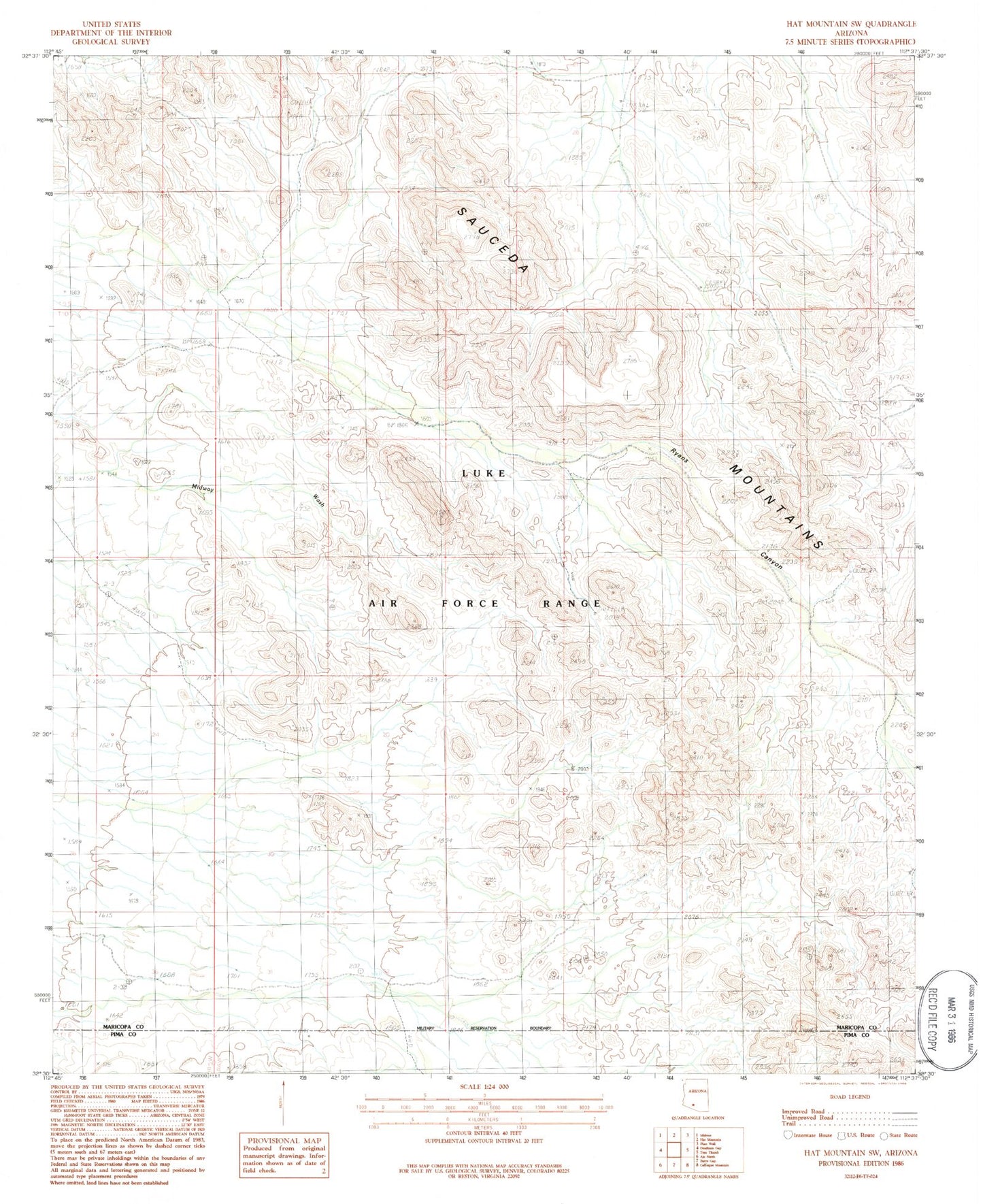 Classic USGS Hat Mountain SW Arizona 7.5'x7.5' Topo Map Image