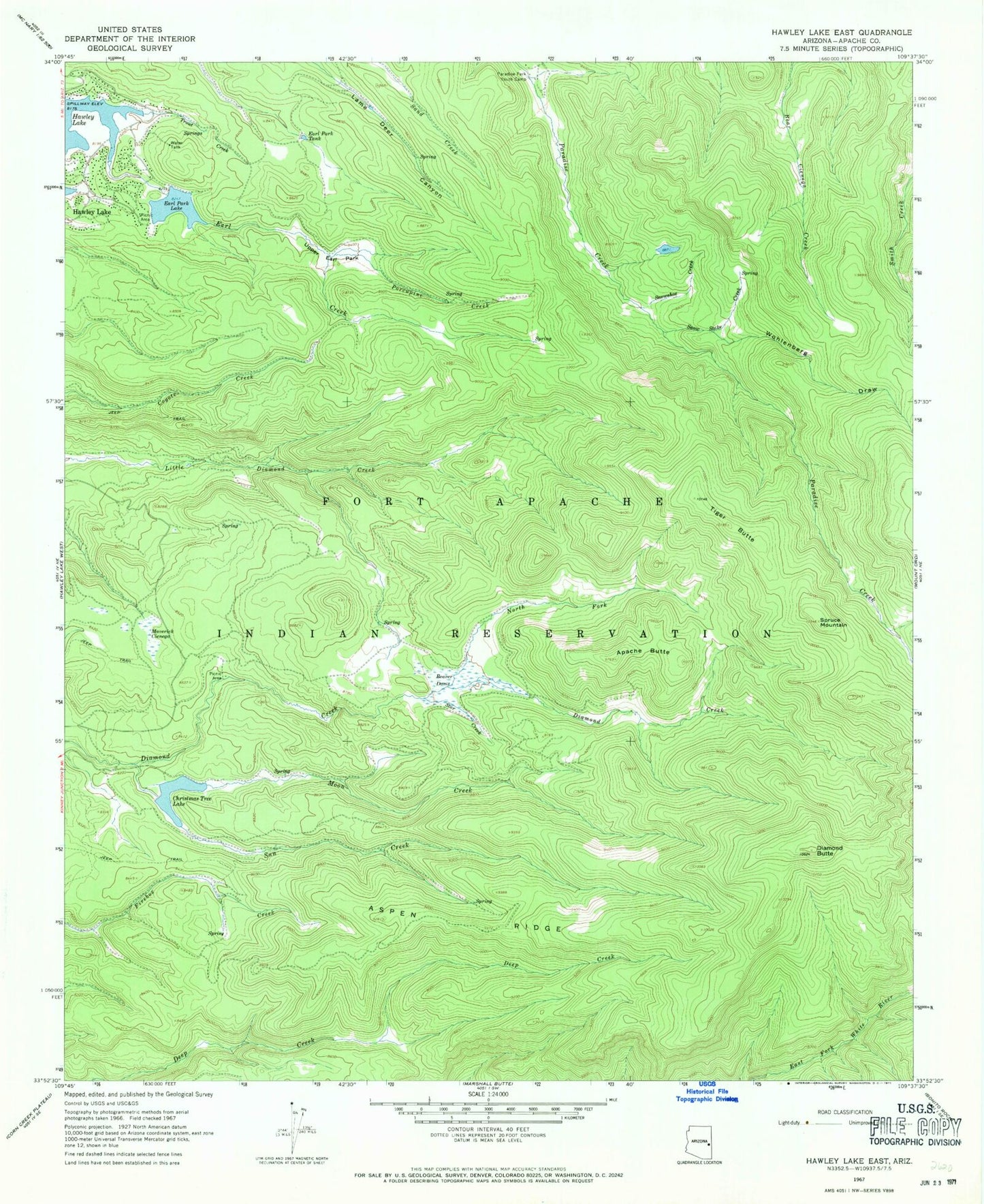 Classic USGS Hawley Lake East Arizona 7.5'x7.5' Topo Map Image