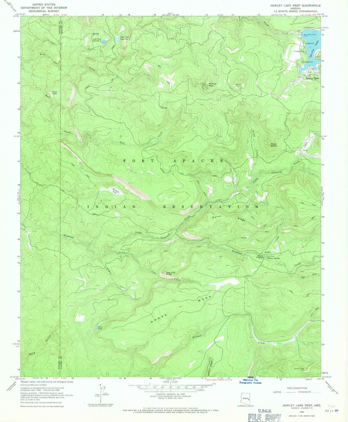 Classic USGS Hawley Lake West Arizona 7.5'x7.5' Topo Map Image