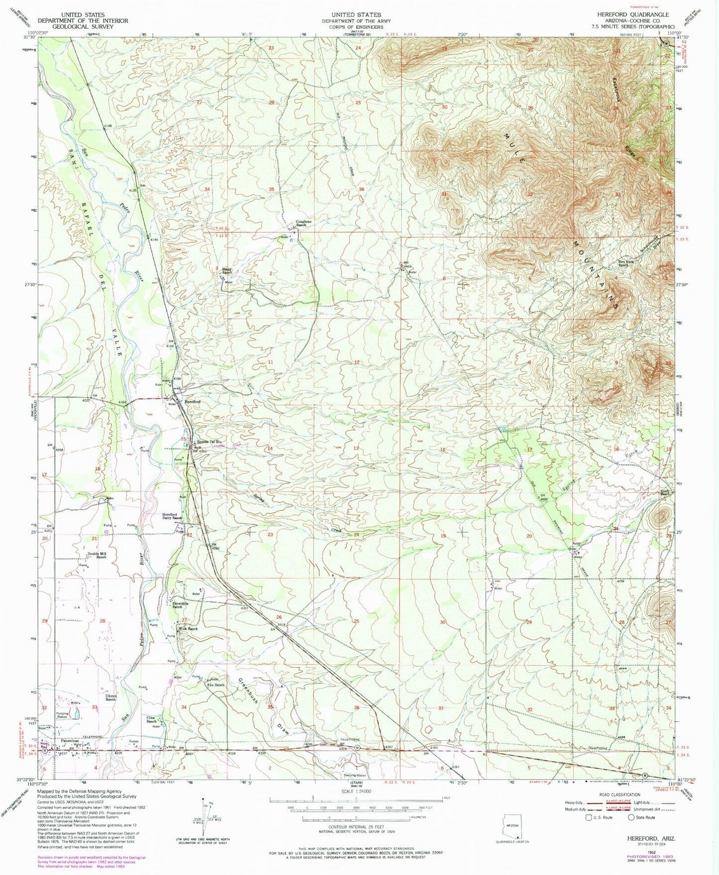 Classic USGS Hereford Arizona 7.5'x7.5' Topo Map Image