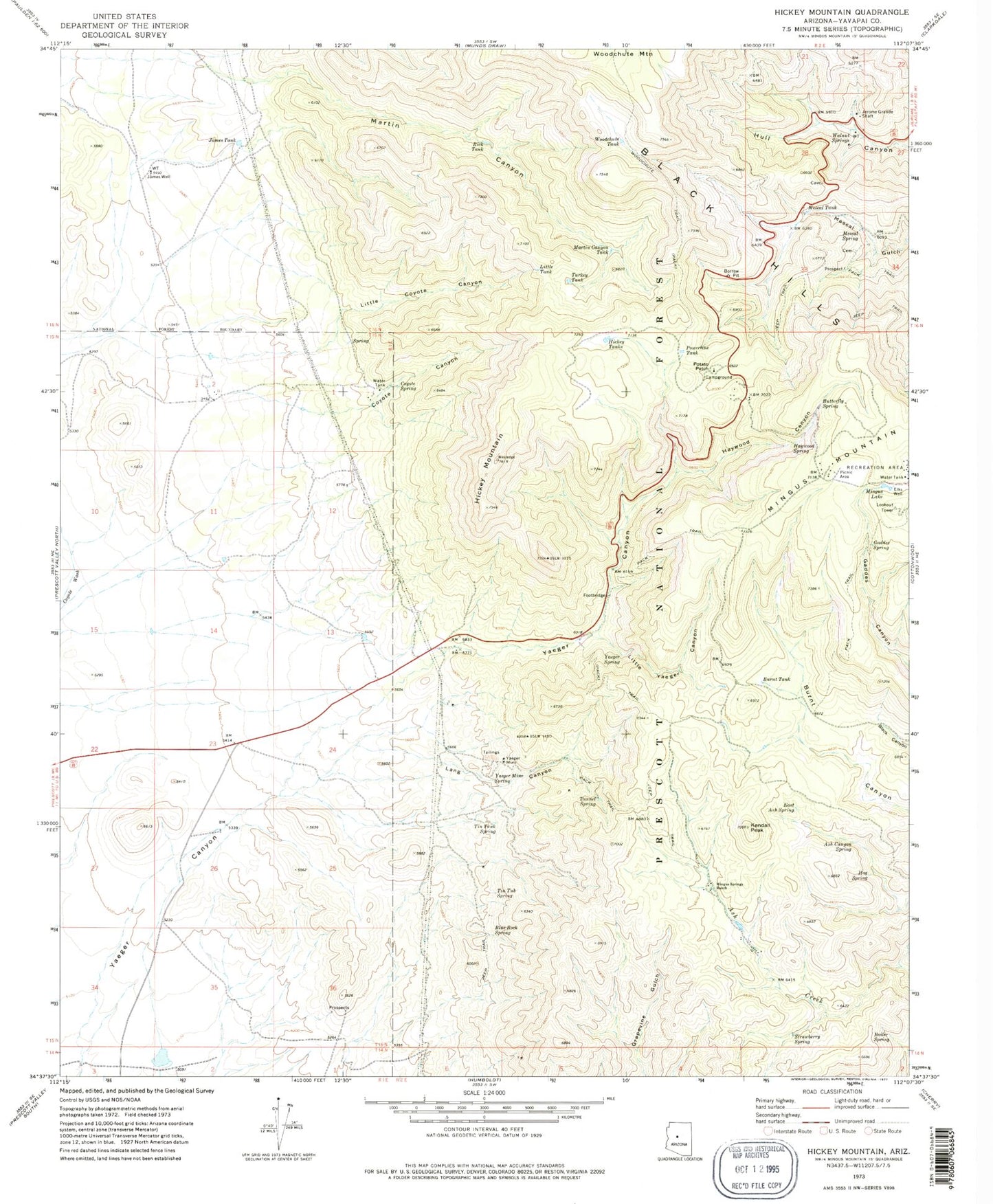 Classic USGS Hickey Mountain Arizona 7.5'x7.5' Topo Map Image