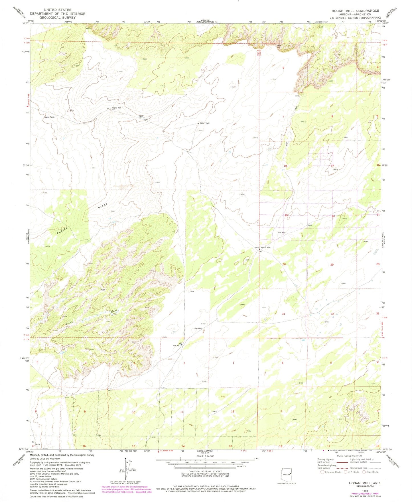 Classic USGS Hogan Well Arizona 7.5'x7.5' Topo Map Image