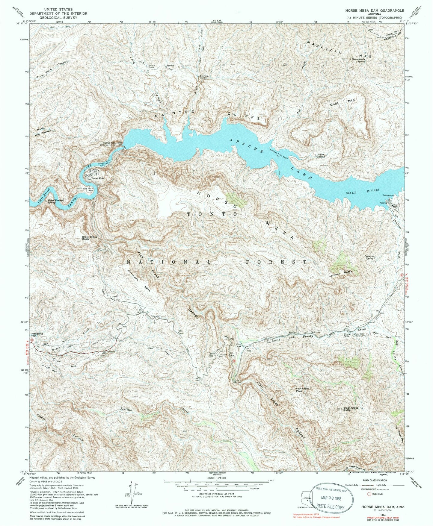 Classic USGS Horse Mesa Dam Arizona 7.5'x7.5' Topo Map Image