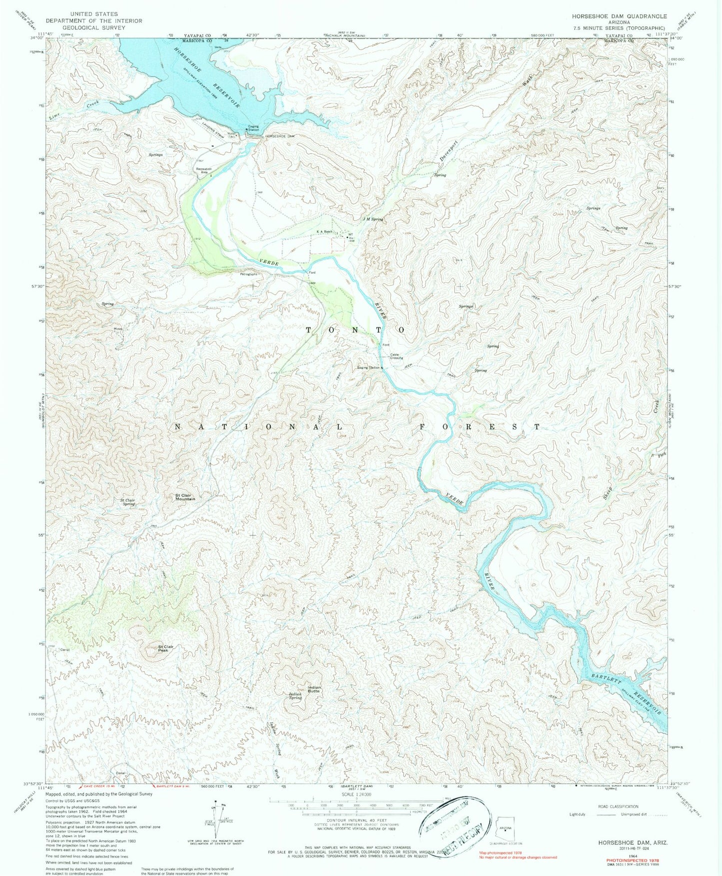 Classic USGS Horseshoe Dam Arizona 7.5'x7.5' Topo Map Image