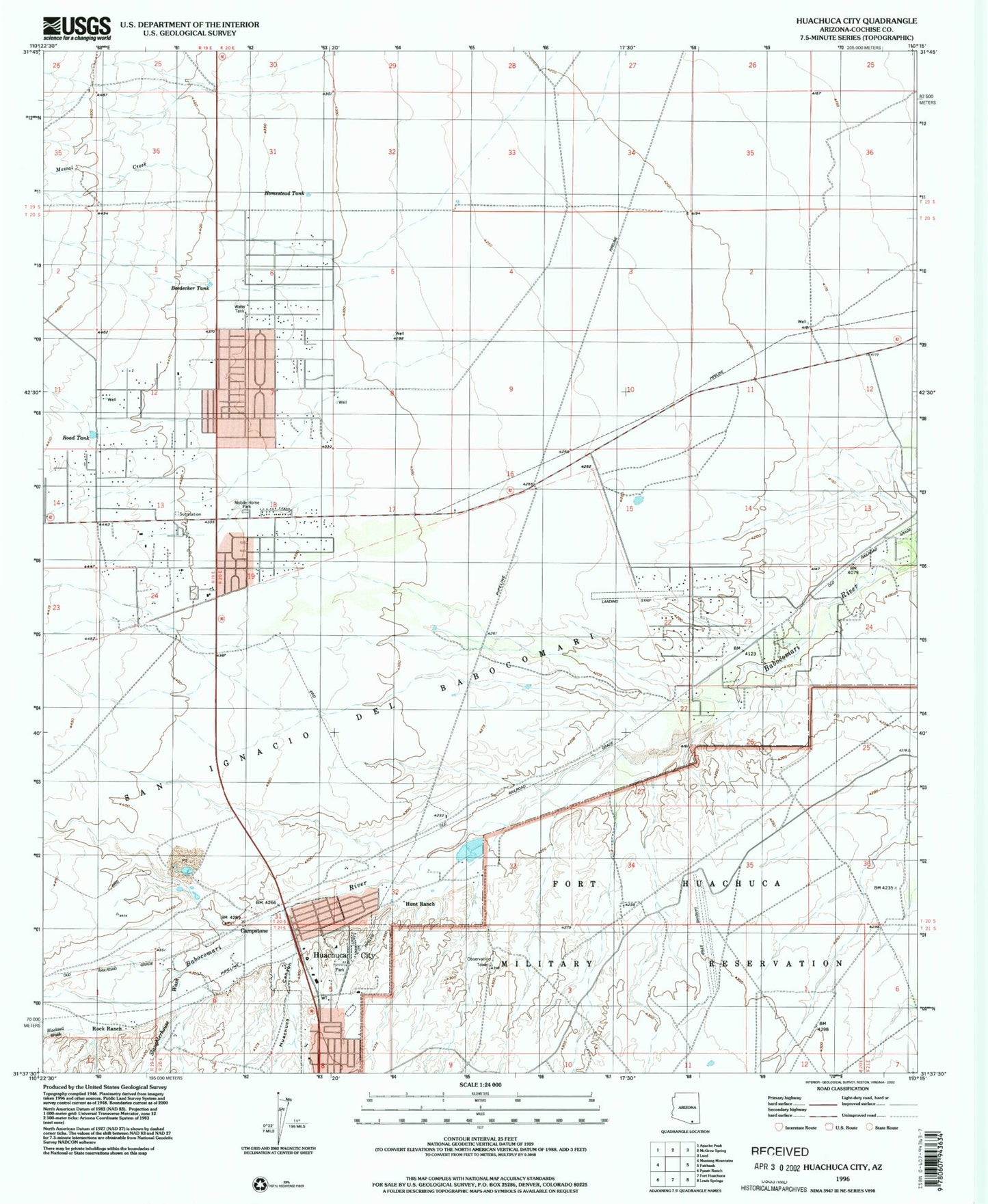 Classic USGS Huachuca City Arizona 7.5'x7.5' Topo Map Image