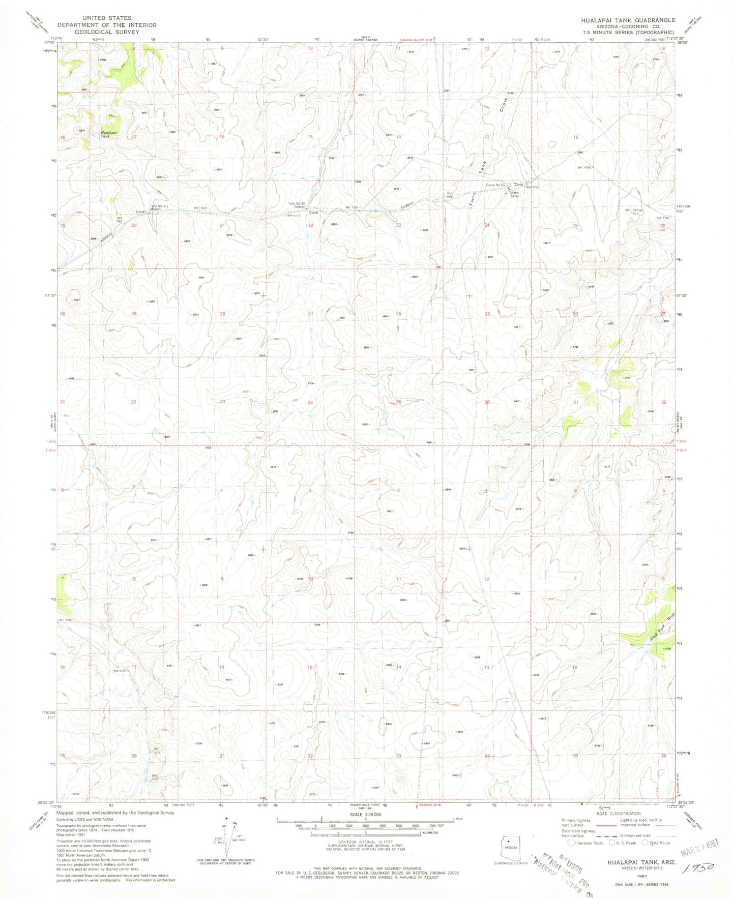 Classic USGS Hualapai Tank Arizona 7.5'x7.5' Topo Map Image