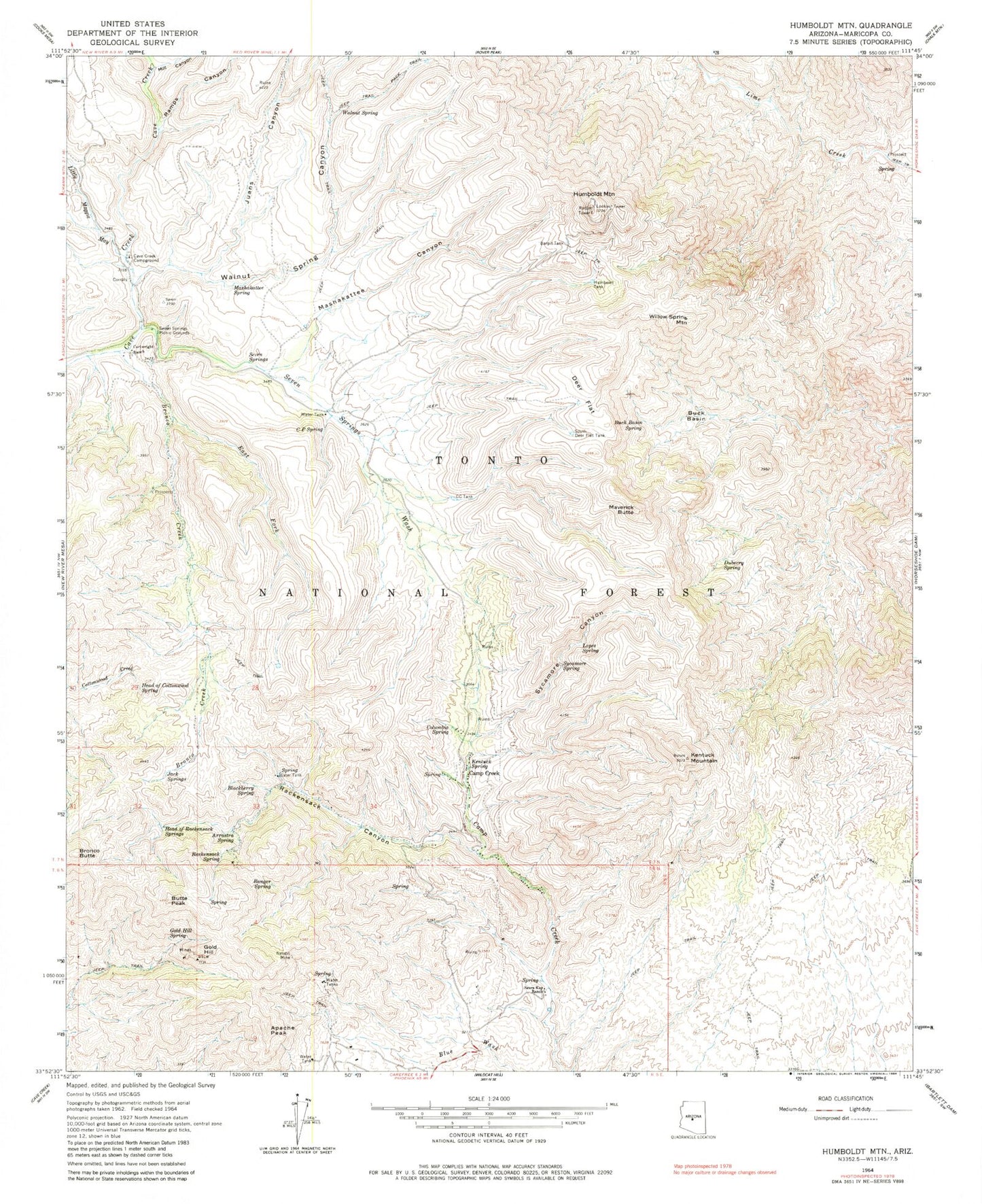 Classic USGS Humboldt Mountain Arizona 7.5'x7.5' Topo Map Image
