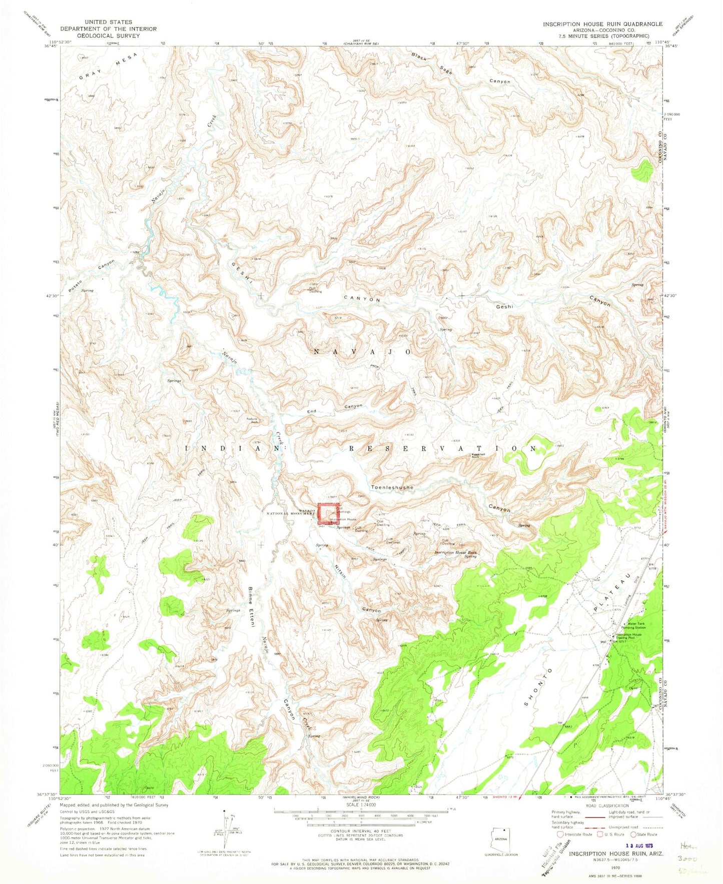 Classic USGS Toenleshushe Canyon Arizona 7.5'x7.5' Topo Map Image