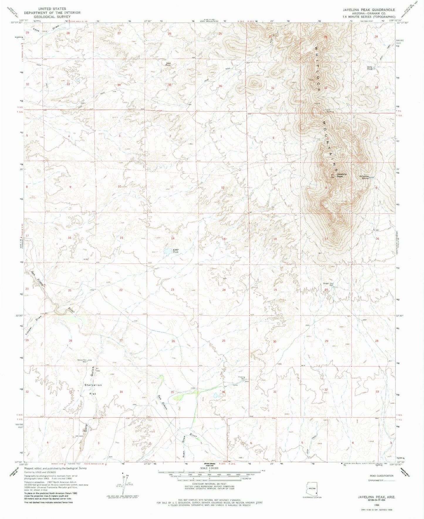 Classic USGS Javelina Peak Arizona 7.5'x7.5' Topo Map Image