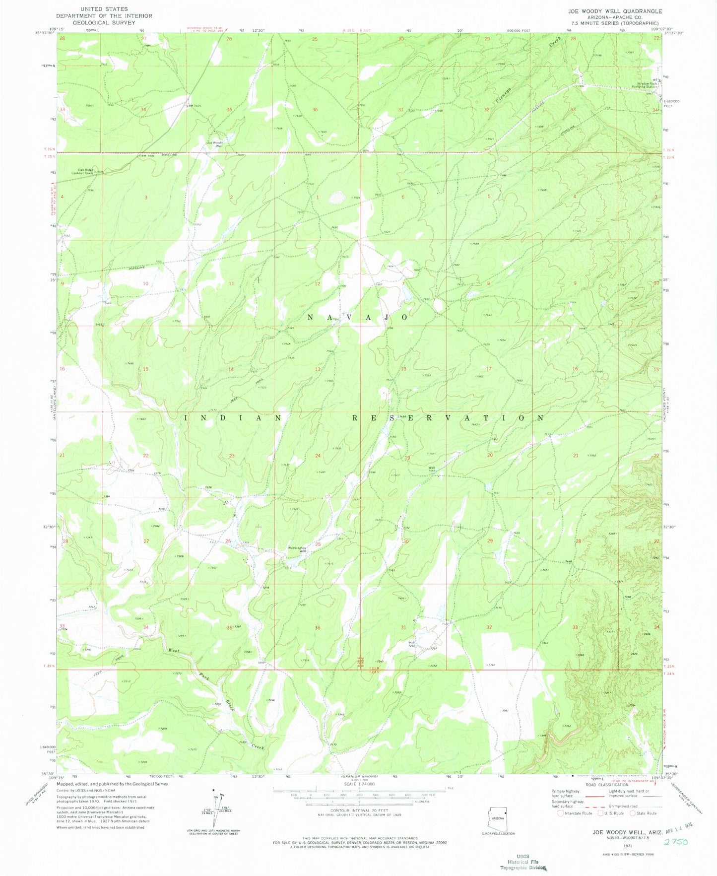Classic USGS Joe Woody Well Arizona 7.5'x7.5' Topo Map Image