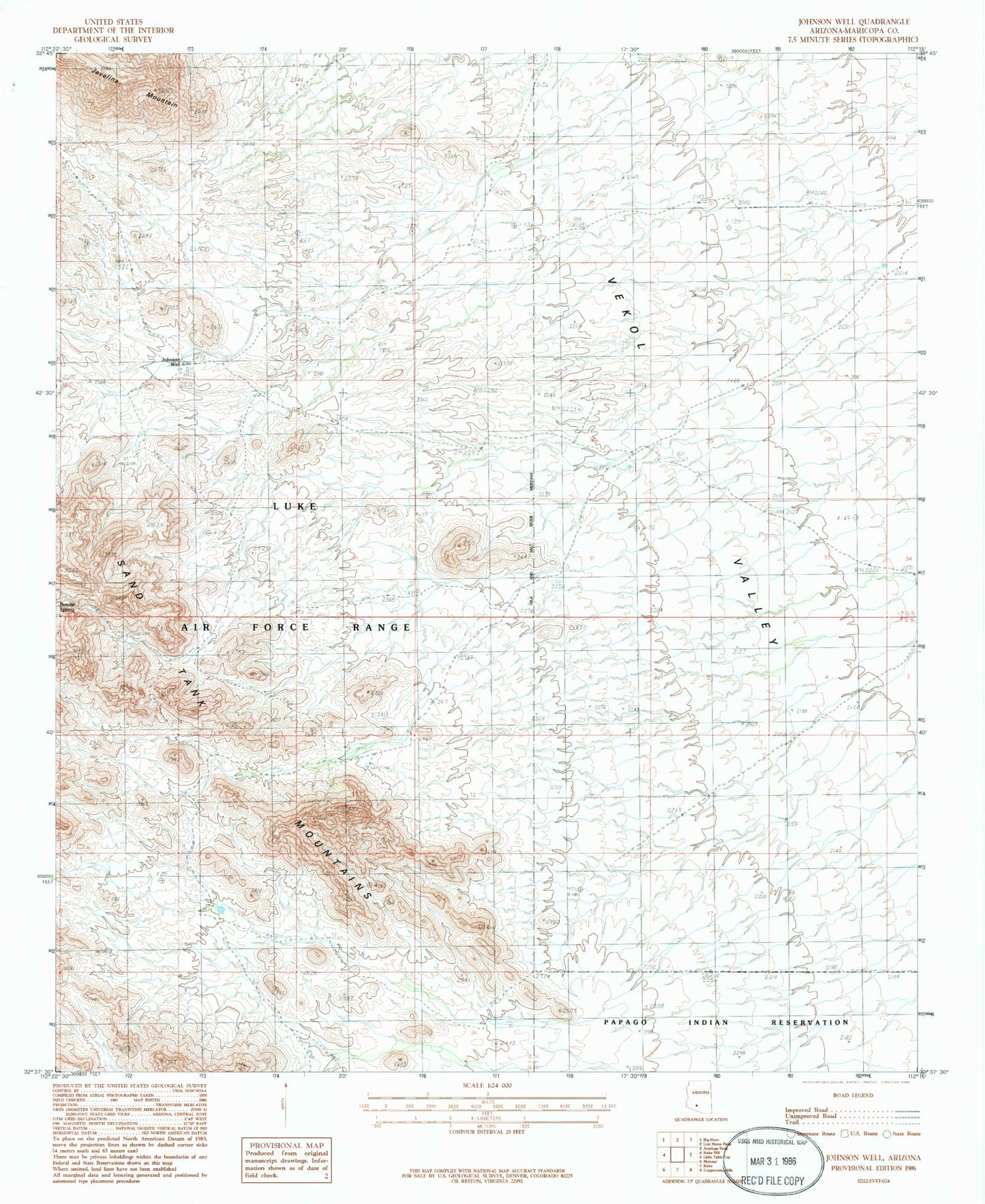 Classic USGS Johnson Well Arizona 7.5'x7.5' Topo Map Image