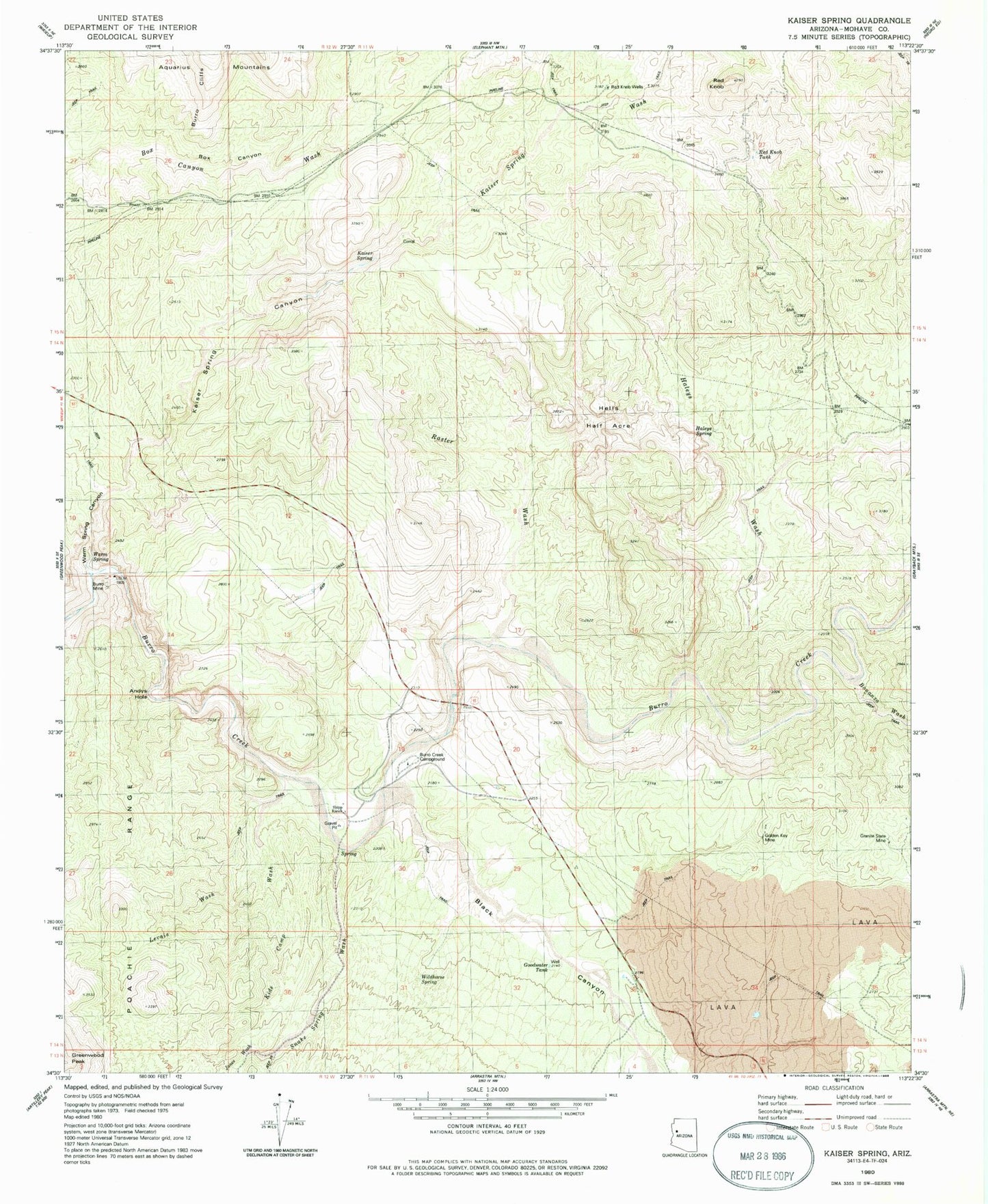 Classic USGS Kaiser Spring Arizona 7.5'x7.5' Topo Map Image