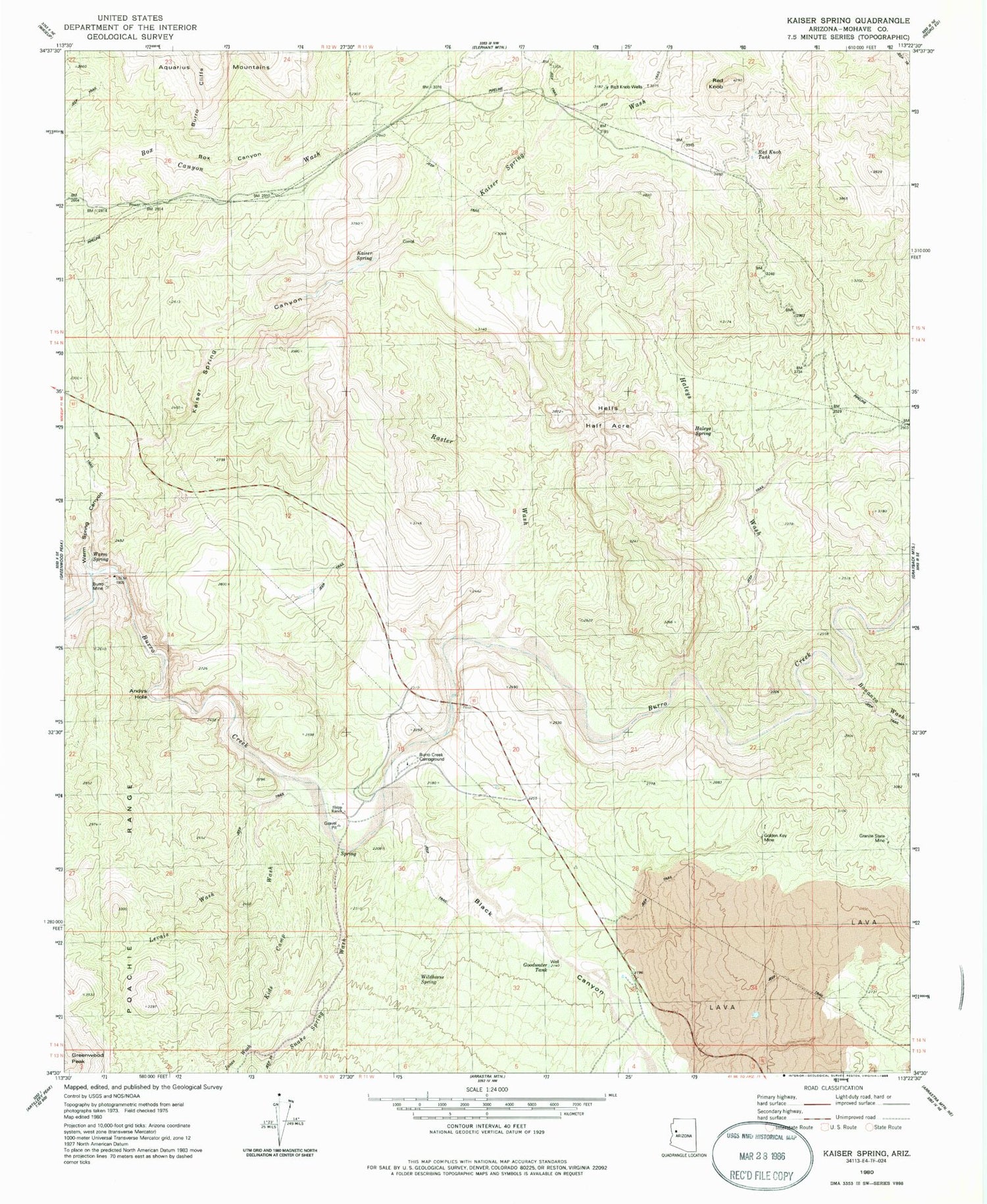 Classic USGS Kaiser Spring Arizona 7.5'x7.5' Topo Map Image