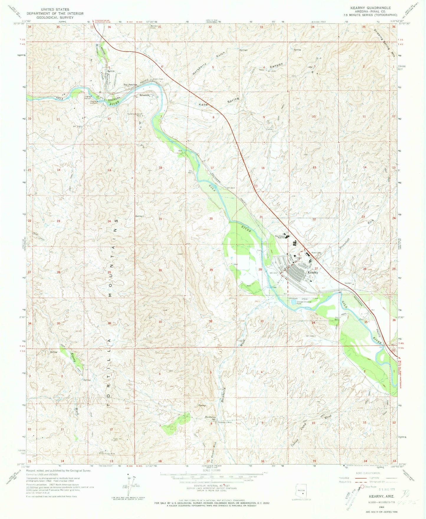 Classic USGS Kearny Arizona 7.5'x7.5' Topo Map Image