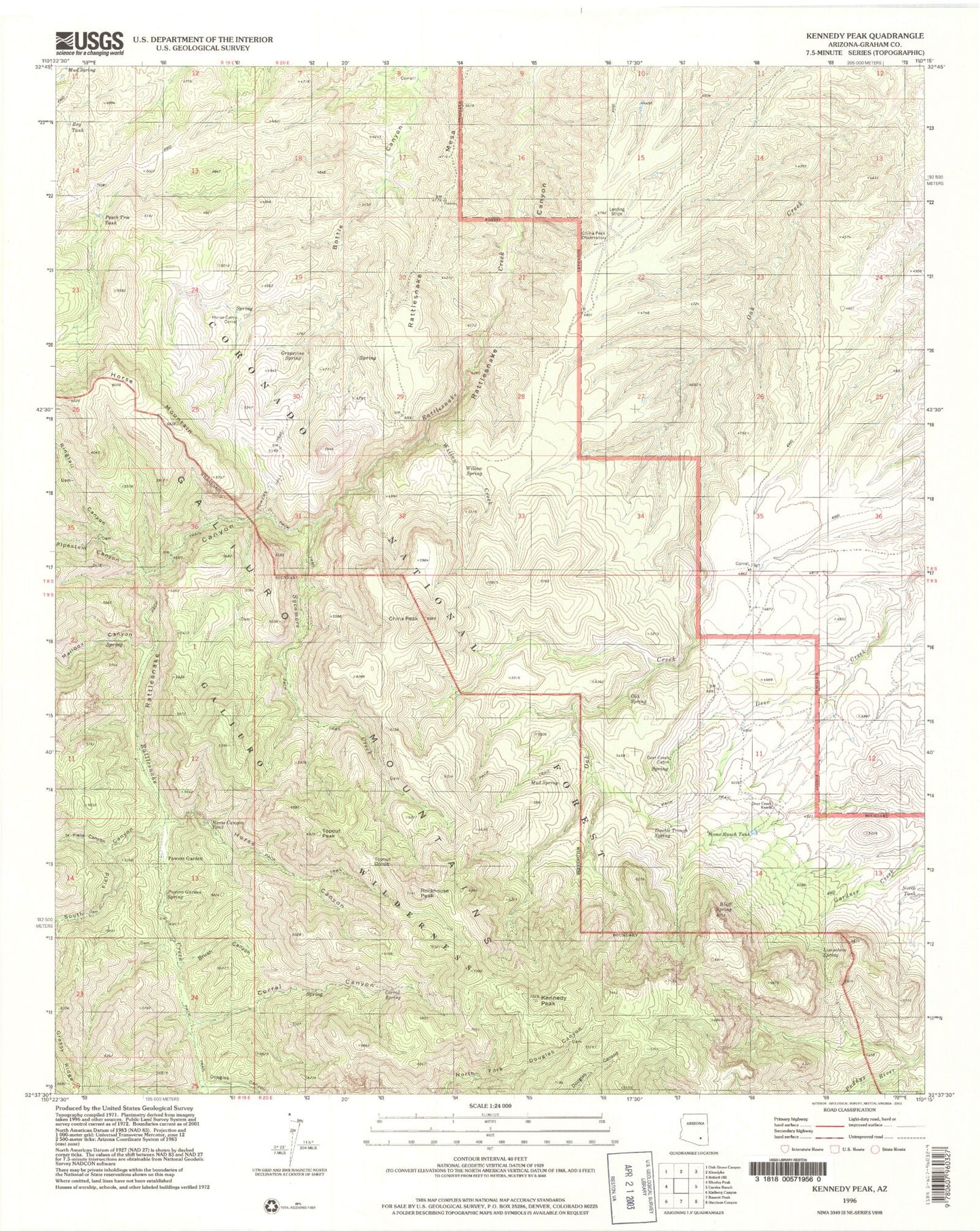Classic USGS Kennedy Peak Arizona 7.5'x7.5' Topo Map Image