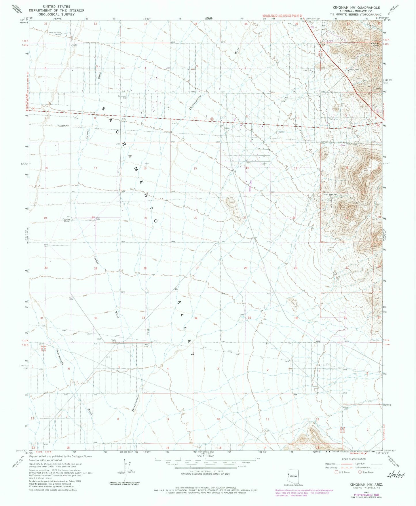 Classic USGS Kingman NW Arizona 7.5'x7.5' Topo Map Image