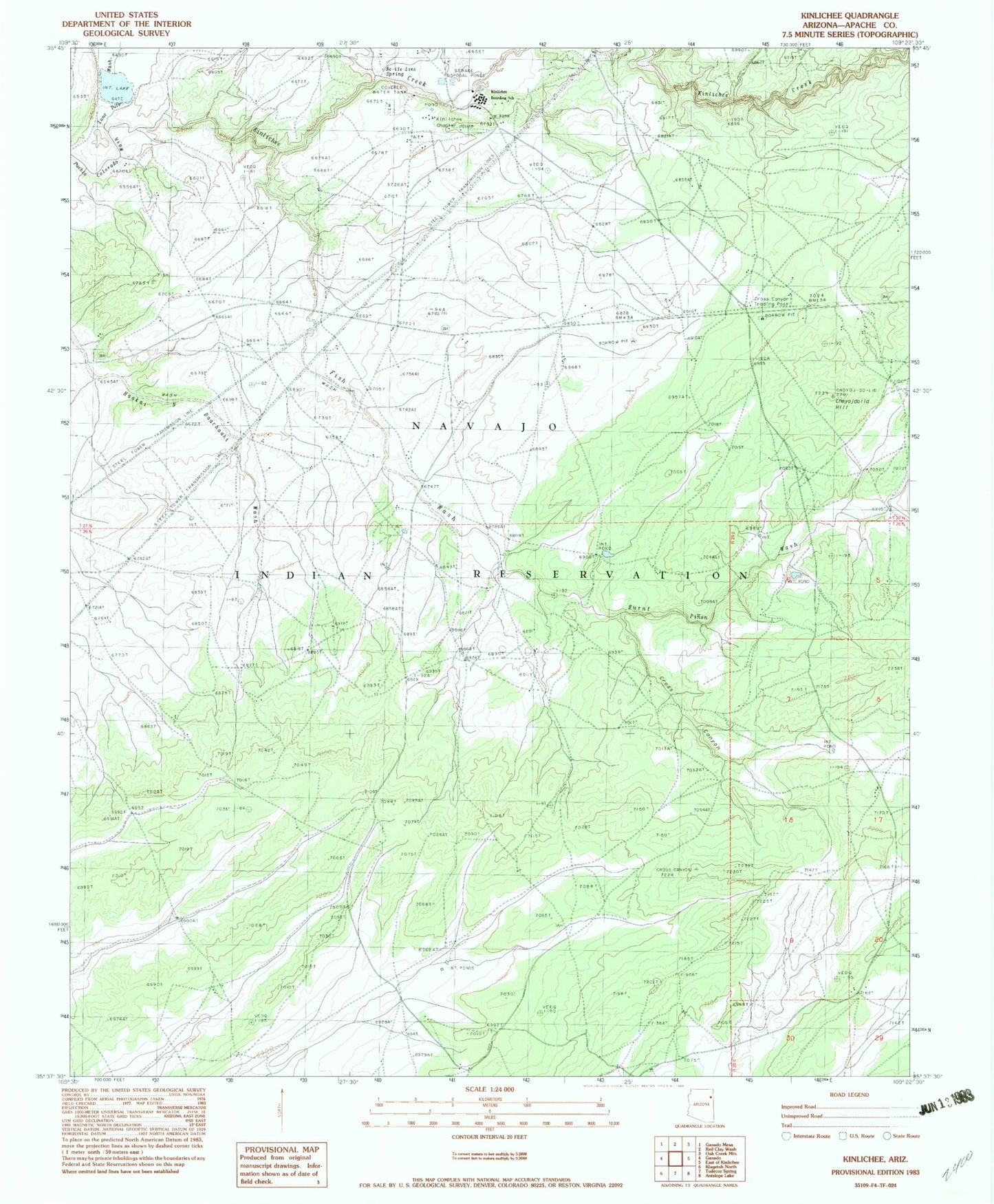 Classic USGS Kinlichee Arizona 7.5'x7.5' Topo Map Image