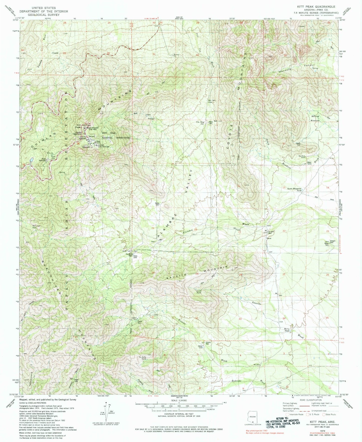 Classic USGS Kitt Peak Arizona 7.5'x7.5' Topo Map Image
