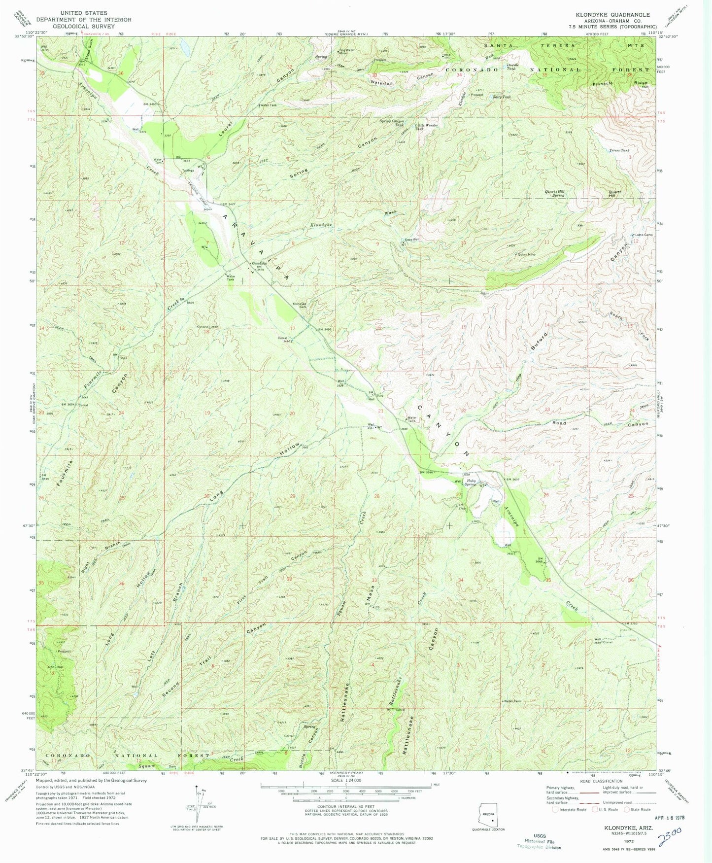 Classic USGS Klondyke Arizona 7.5'x7.5' Topo Map Image