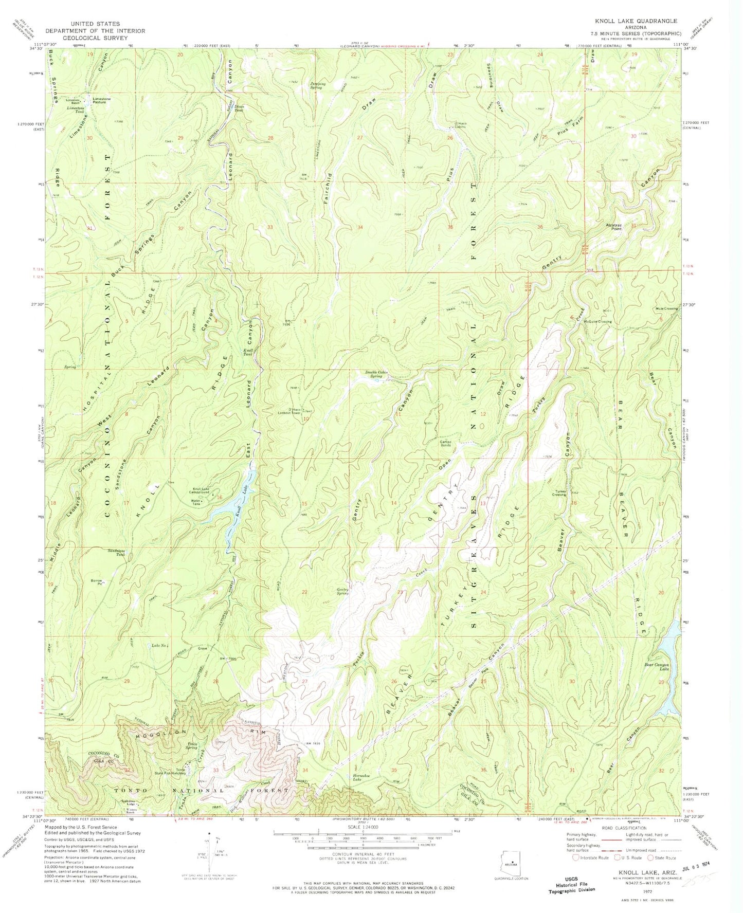 Classic USGS Knoll Lake Arizona 7.5'x7.5' Topo Map Image