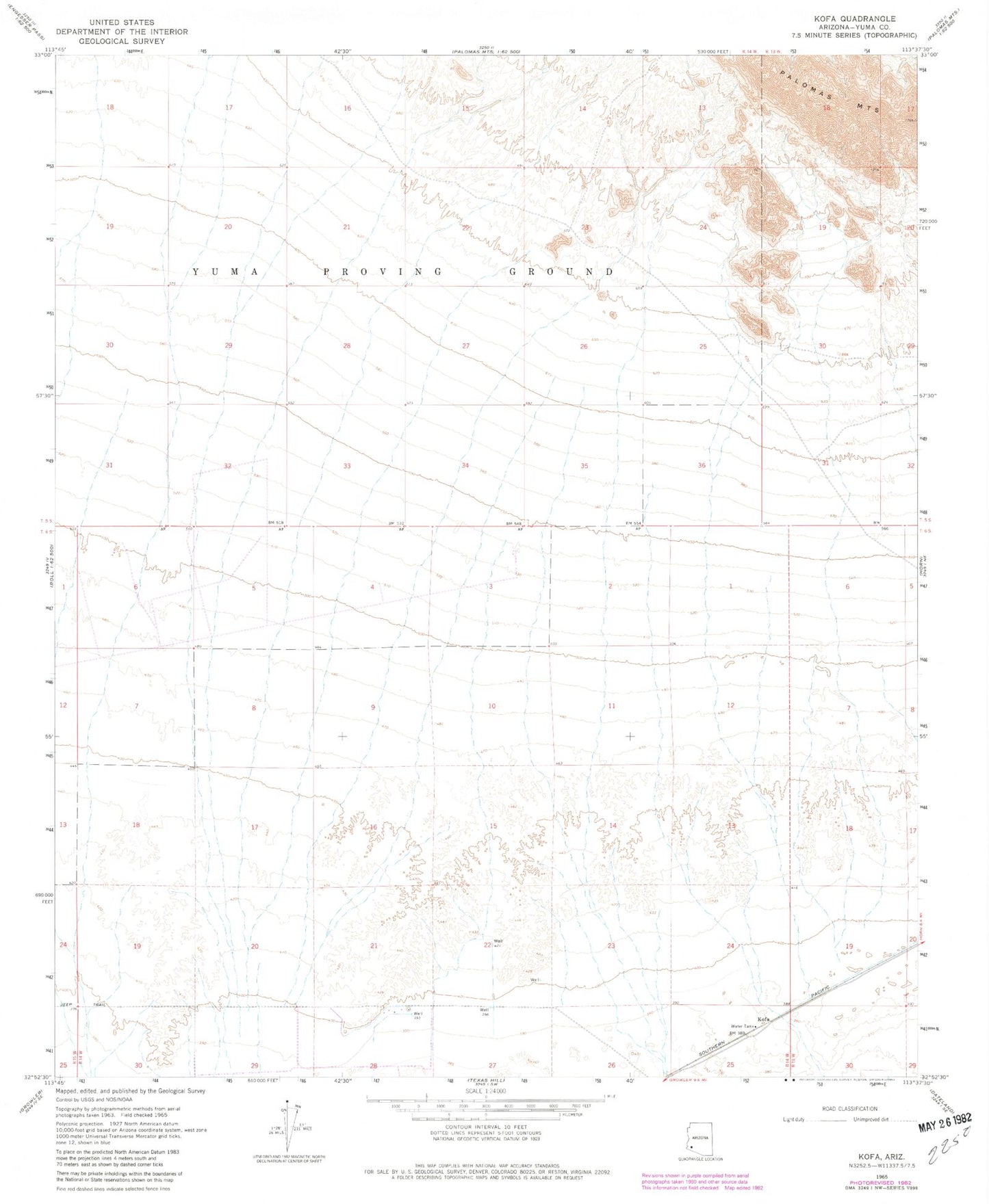 Classic USGS Kofa Arizona 7.5'x7.5' Topo Map Image