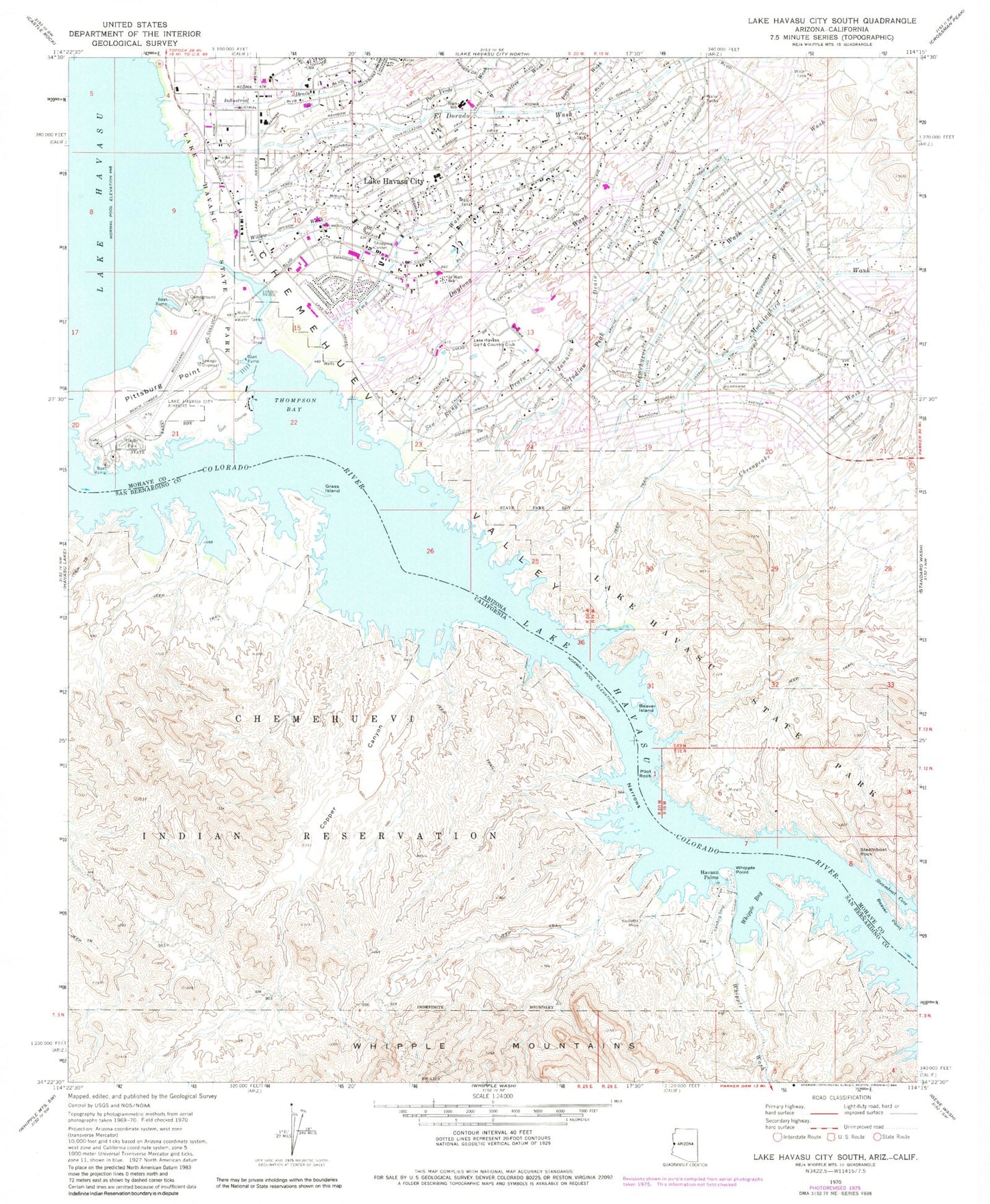 Classic USGS Lake Havasu City South Arizona 7.5'x7.5' Topo Map Image