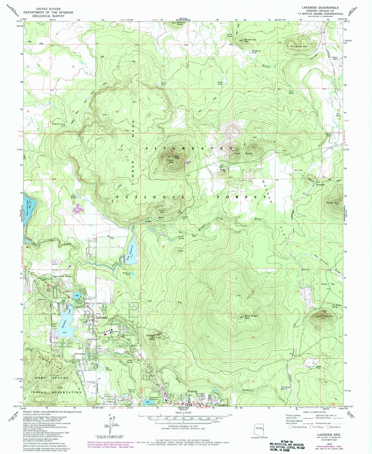 Classic USGS Lakeside Arizona 7.5'x7.5' Topo Map Image