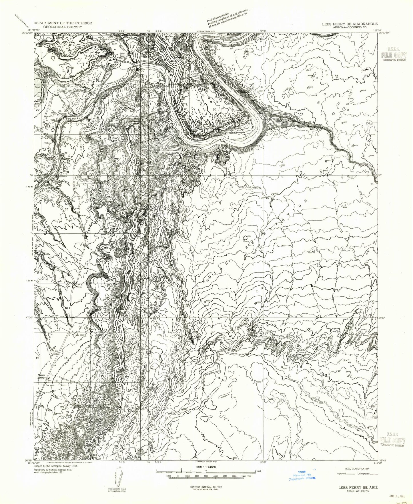 Classic USGS Lees Ferry Arizona 7.5'x7.5' Topo Map Image