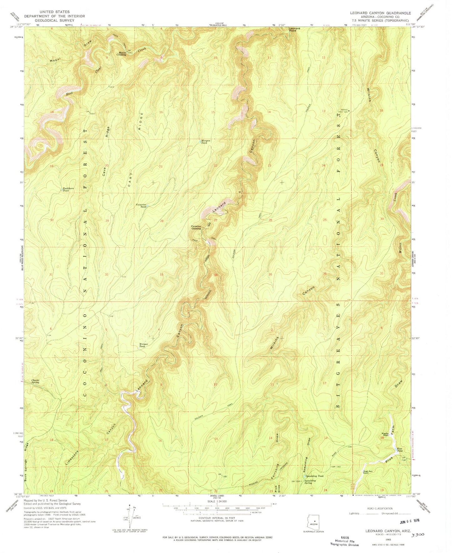 Classic USGS Leonard Canyon Arizona 7.5'x7.5' Topo Map Image