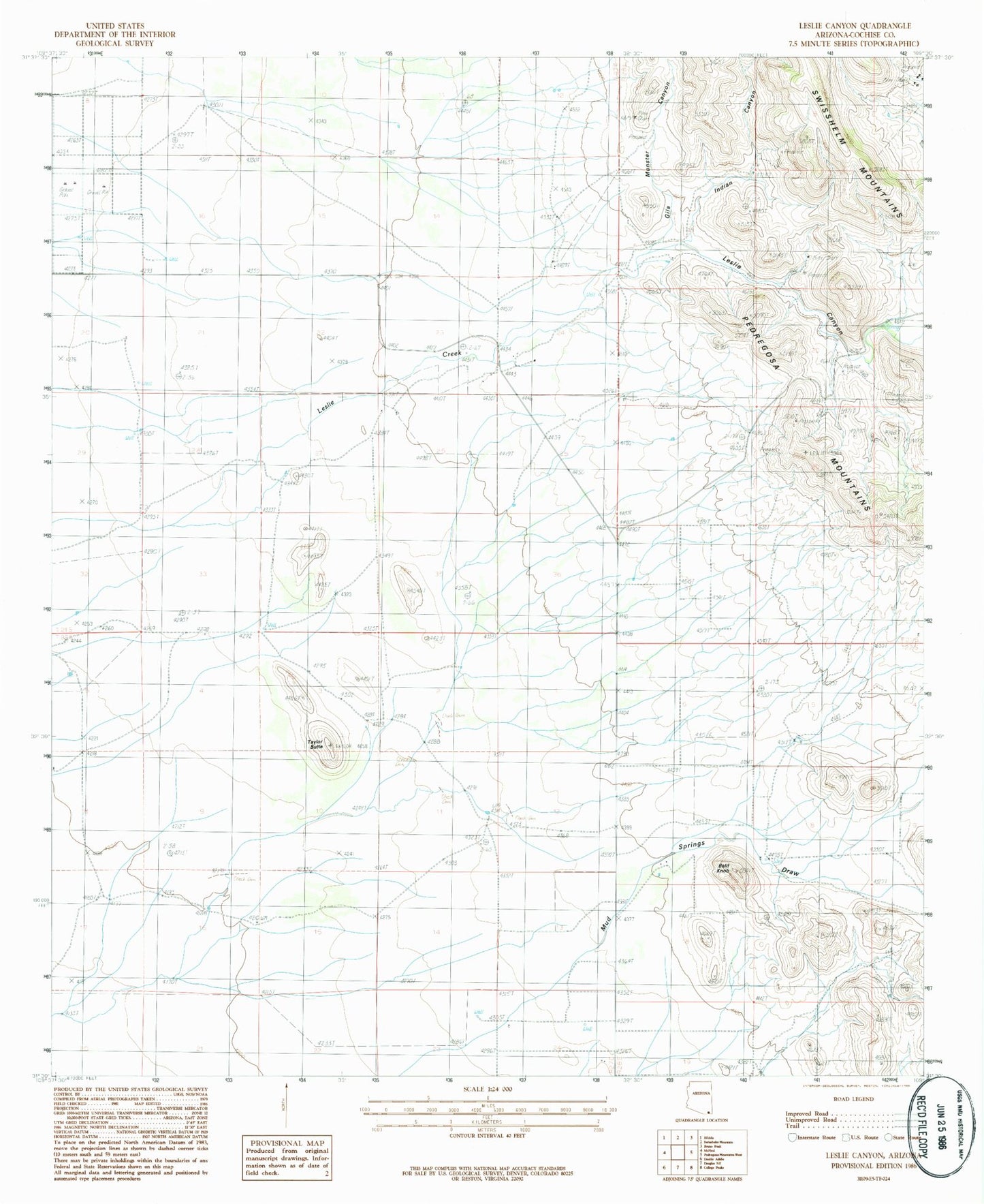 Classic USGS Leslie Canyon Arizona 7.5'x7.5' Topo Map Image