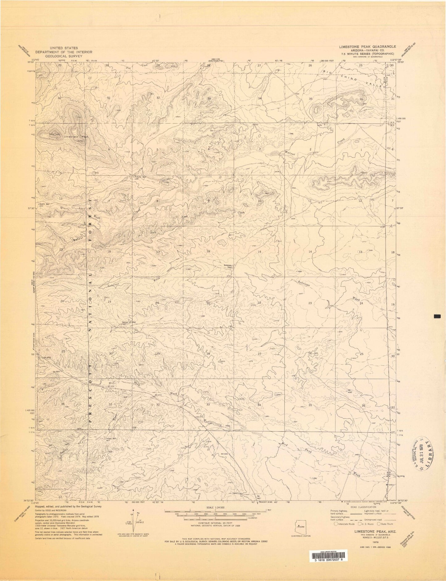 Classic USGS Limestone Peak Arizona 7.5'x7.5' Topo Map Image