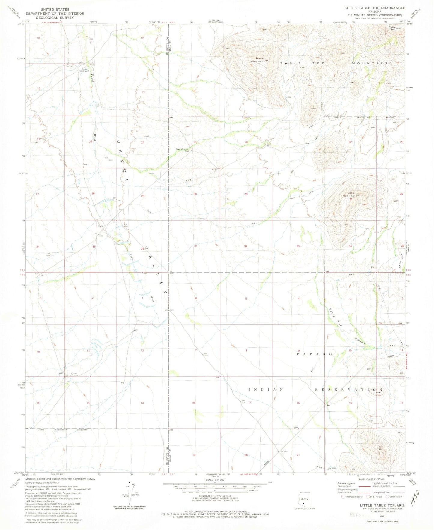 Classic USGS Little Table Top Arizona 7.5'x7.5' Topo Map Image