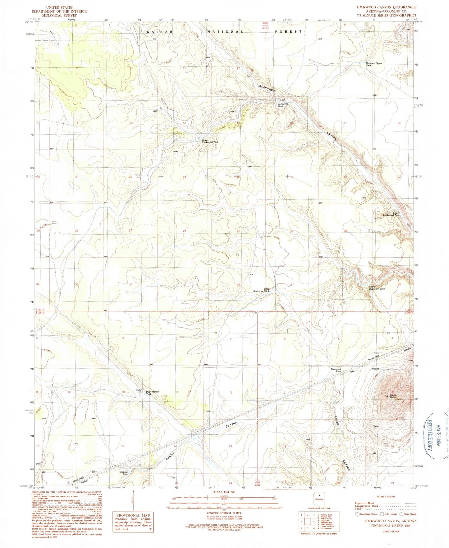 Classic USGS Lockwood Canyon Arizona 7.5'x7.5' Topo Map Image