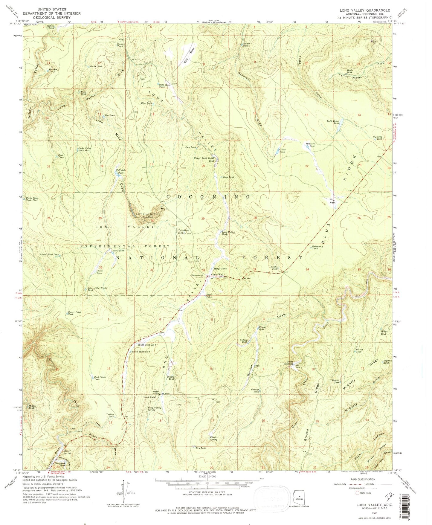 Classic USGS Long Valley Arizona 7.5'x7.5' Topo Map Image