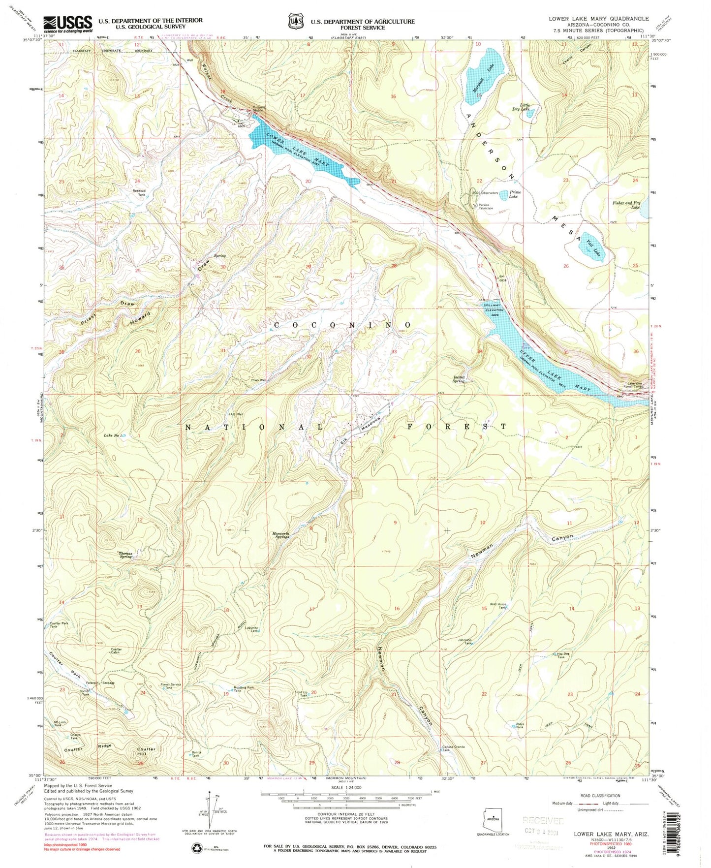 Classic USGS Lower Lake Mary Arizona 7.5'x7.5' Topo Map Image