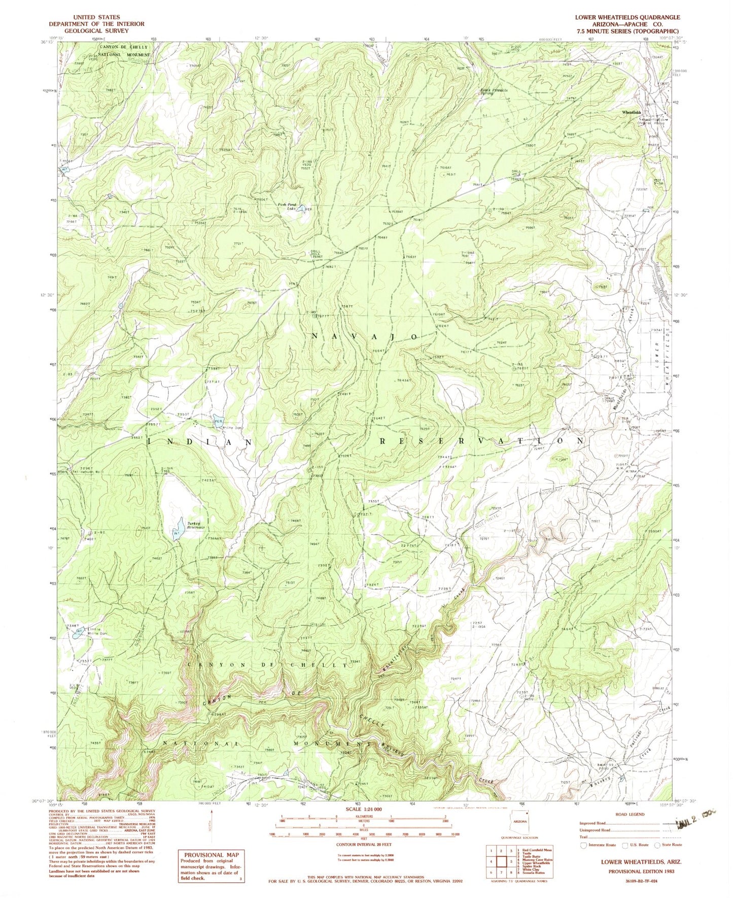 Classic USGS Lower Wheatfields Arizona 7.5'x7.5' Topo Map Image