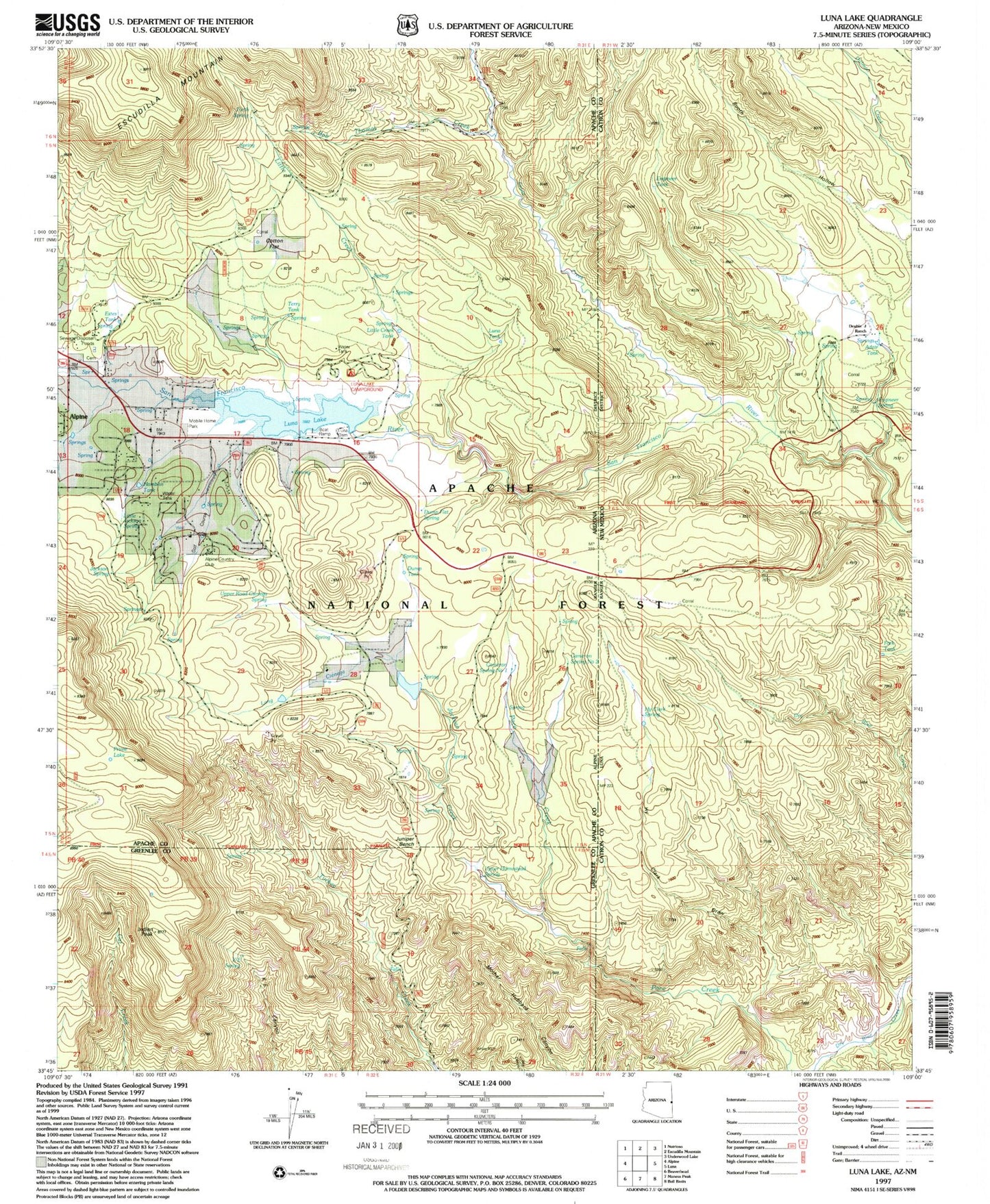 Classic USGS Luna Lake Arizona 7.5'x7.5' Topo Map Image