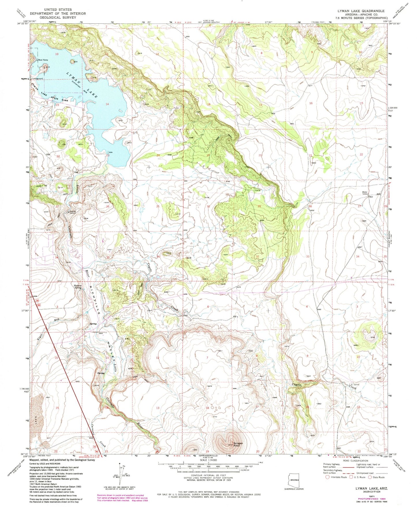 Classic USGS Lyman Lake Arizona 7.5'x7.5' Topo Map Image